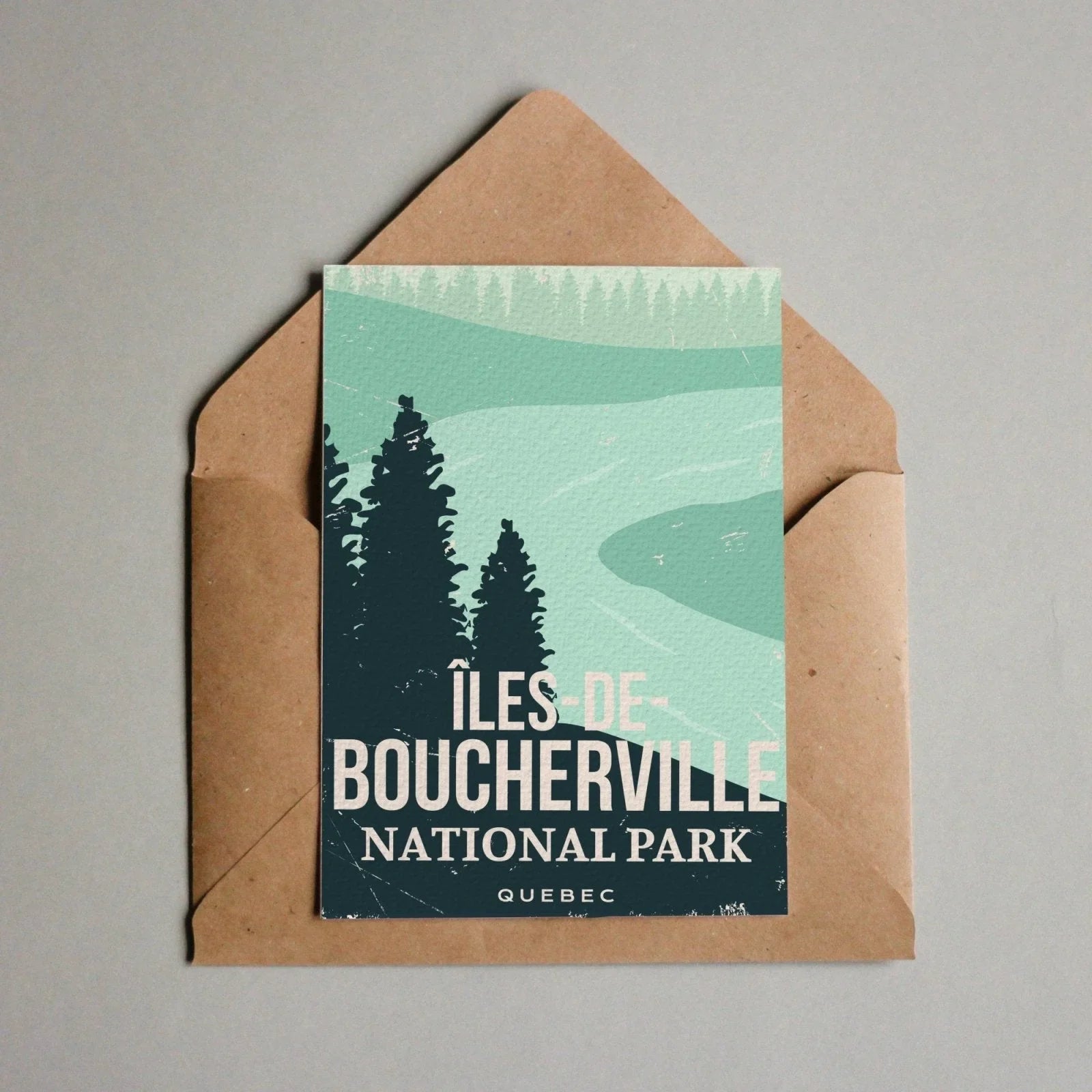 Iles de Boucherville National Park Quebec postcard with trees and river illustration in envelope