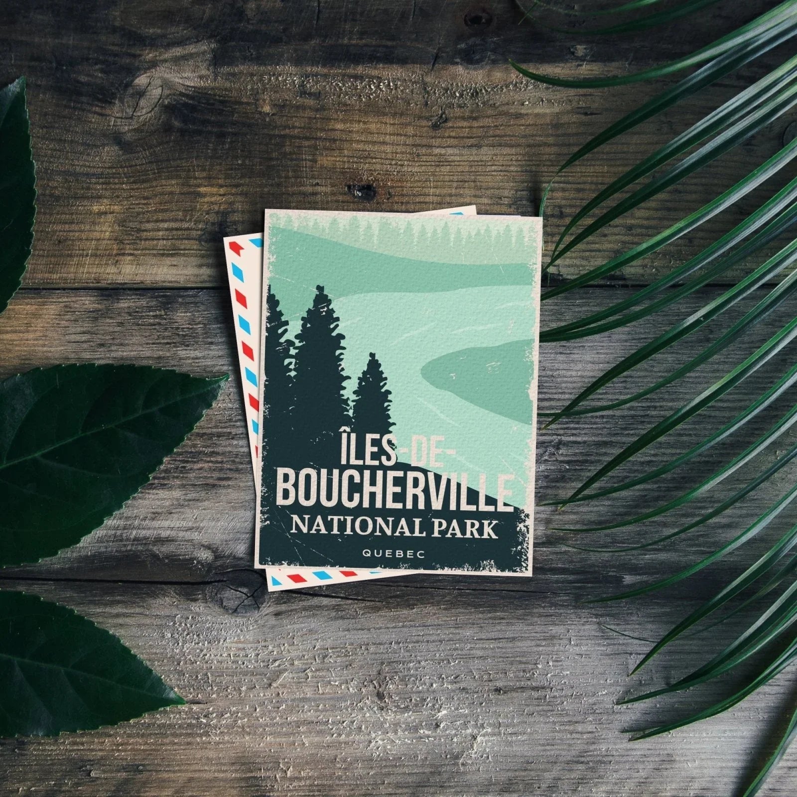 Îles-de-Boucherville National Park Quebec postcard on rustic wood with green leaves