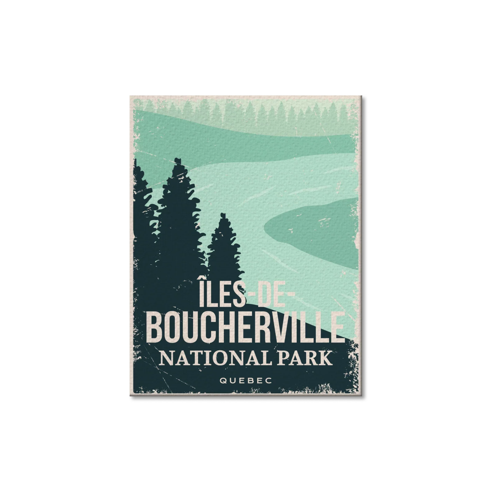 Îles-de-Boucherville National Park postcard with river, pine trees, and Quebec text