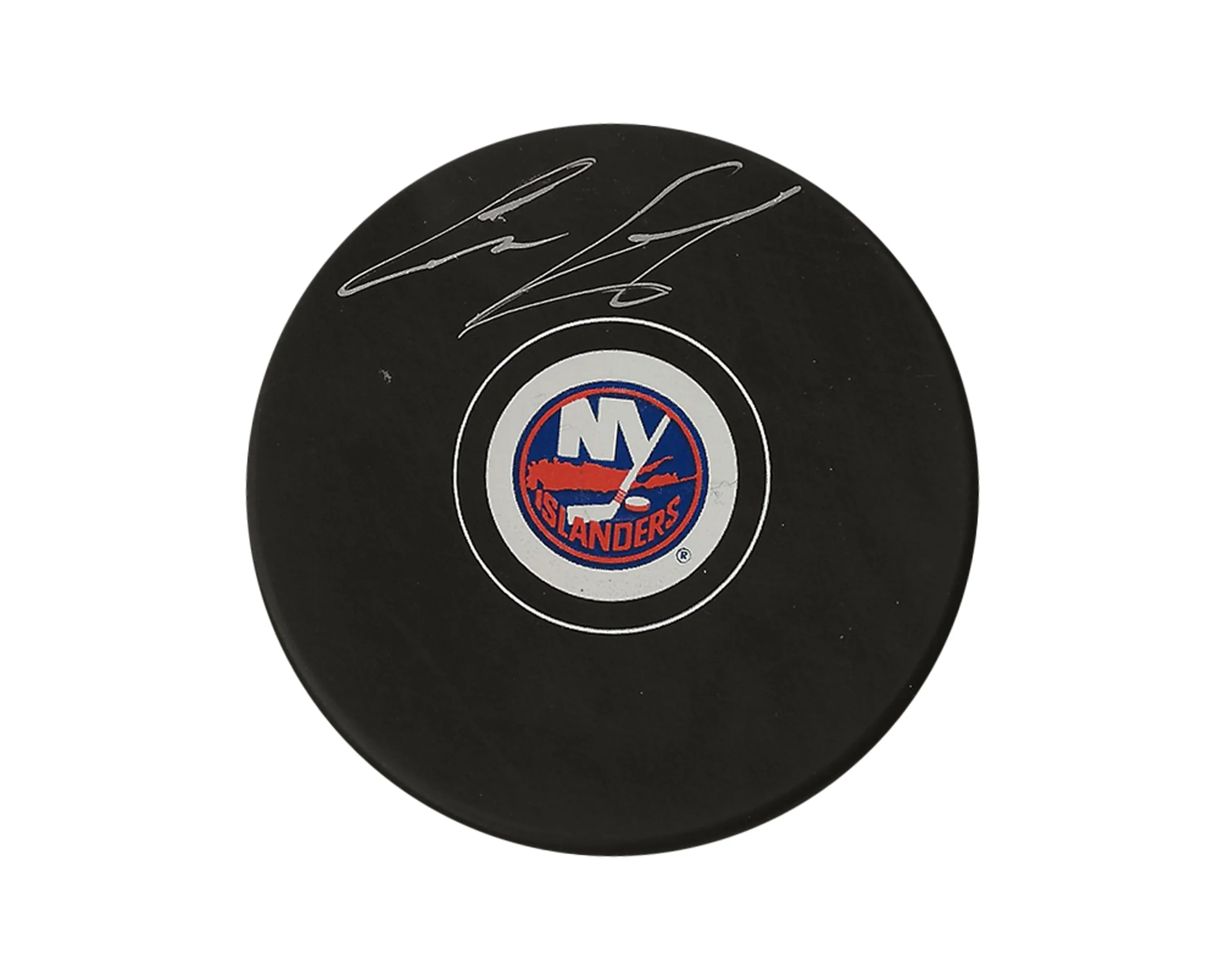 Signed New York Islanders hockey puck with team logo on white background