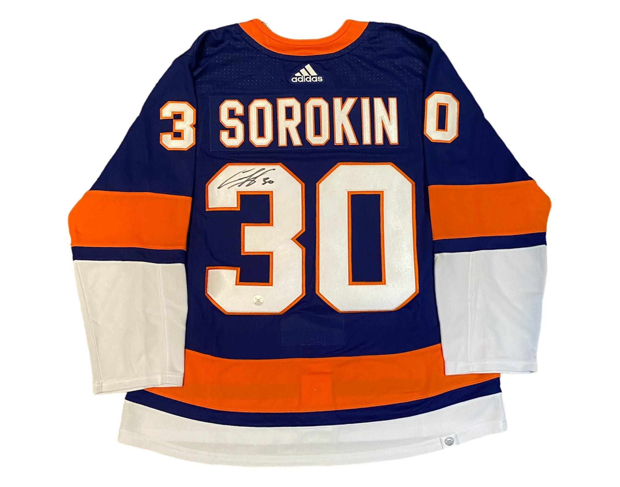 Signed blue New York Islanders Sorokin 30 hockey jersey with orange and white accents