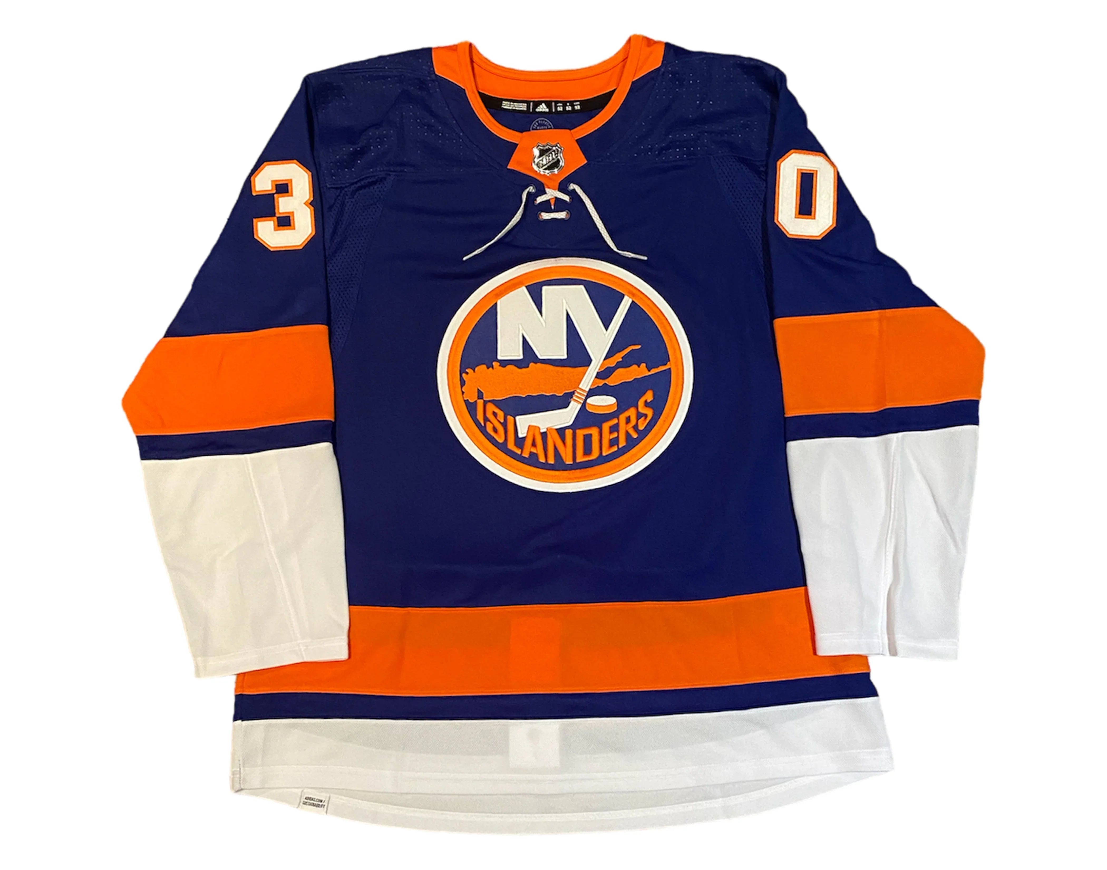 New York Islanders blue hockey jersey with orange and white trim, number 30 on sleeves