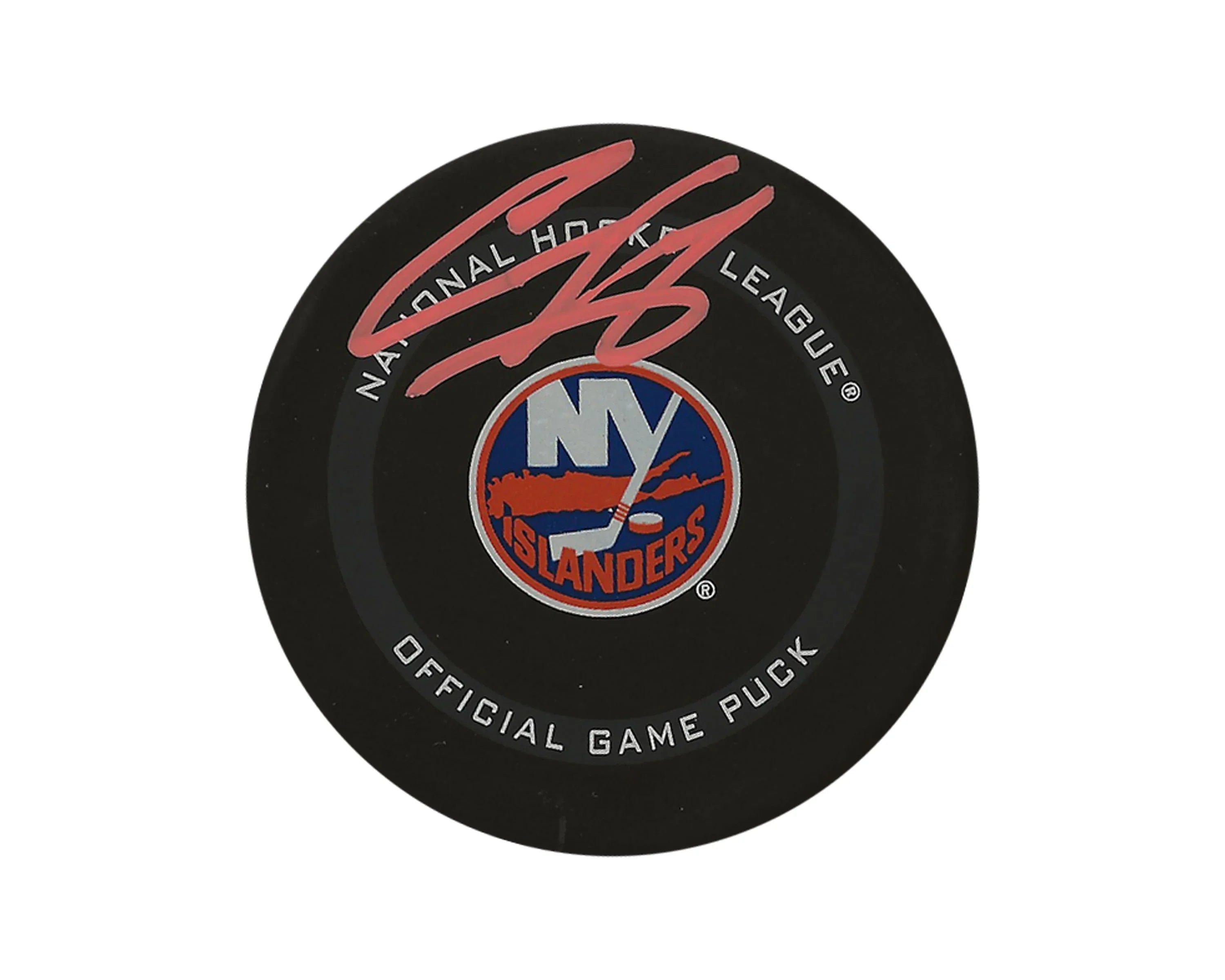 New York Islanders NHL official game puck with red autograph on top