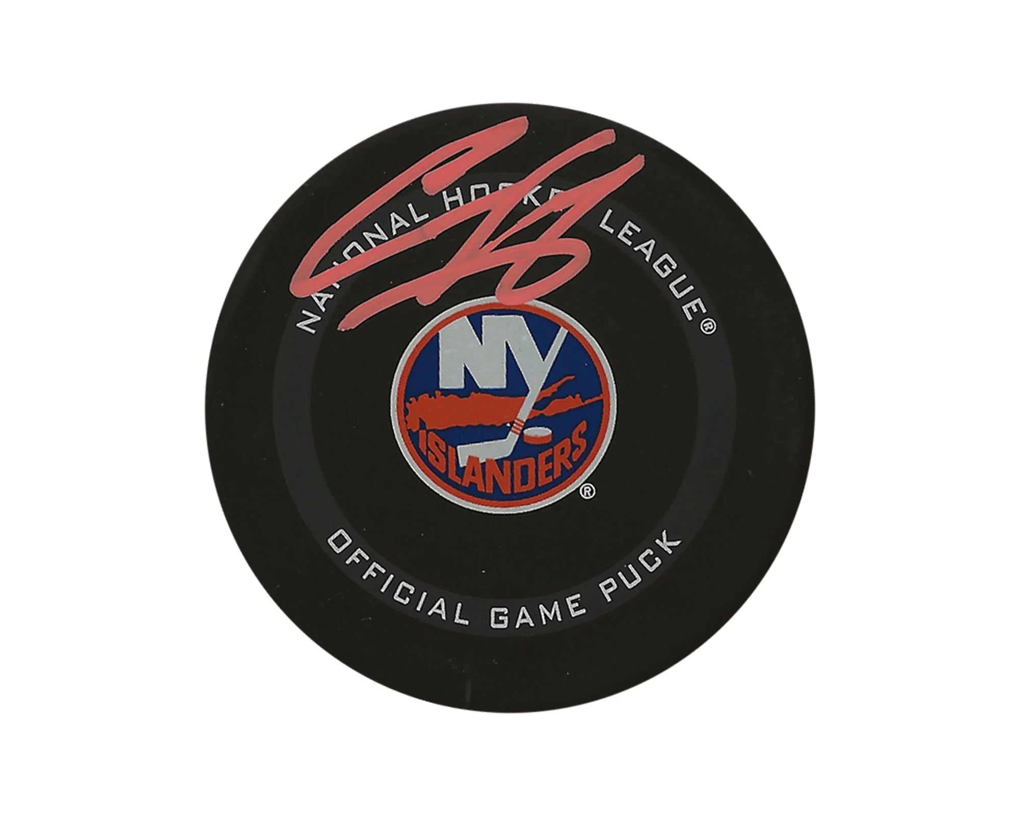 New York Islanders NHL official game puck with red autograph on top