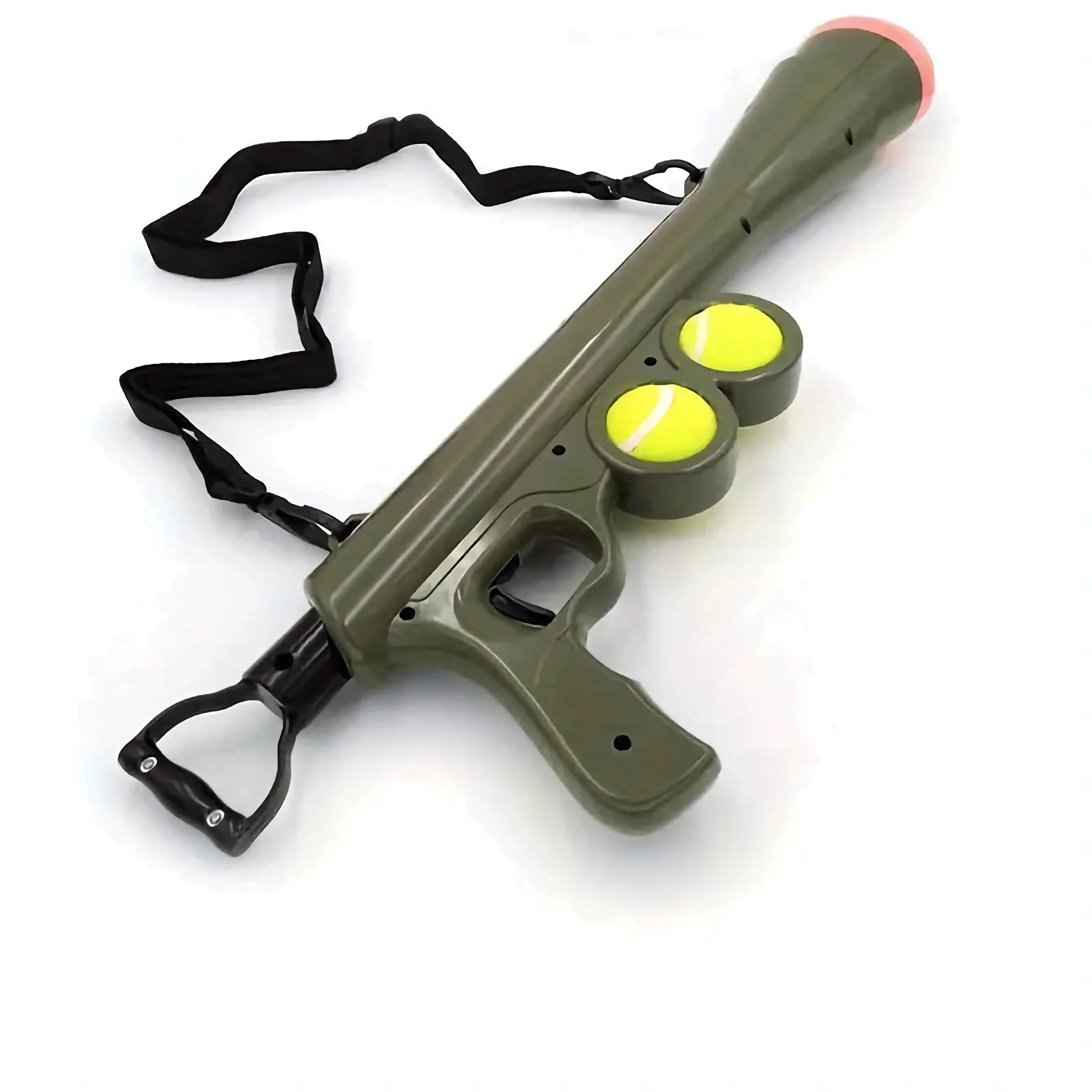 Green tennis ball launcher toy with shoulder strap on white background