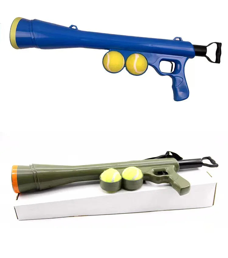 Dog ball launcher gun with tennis balls in blue and green on white background
