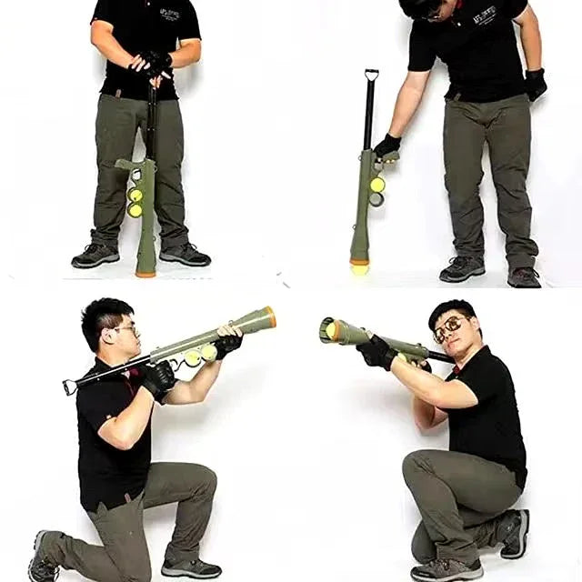 Man demonstrating ball launcher gun in four poses against white background
