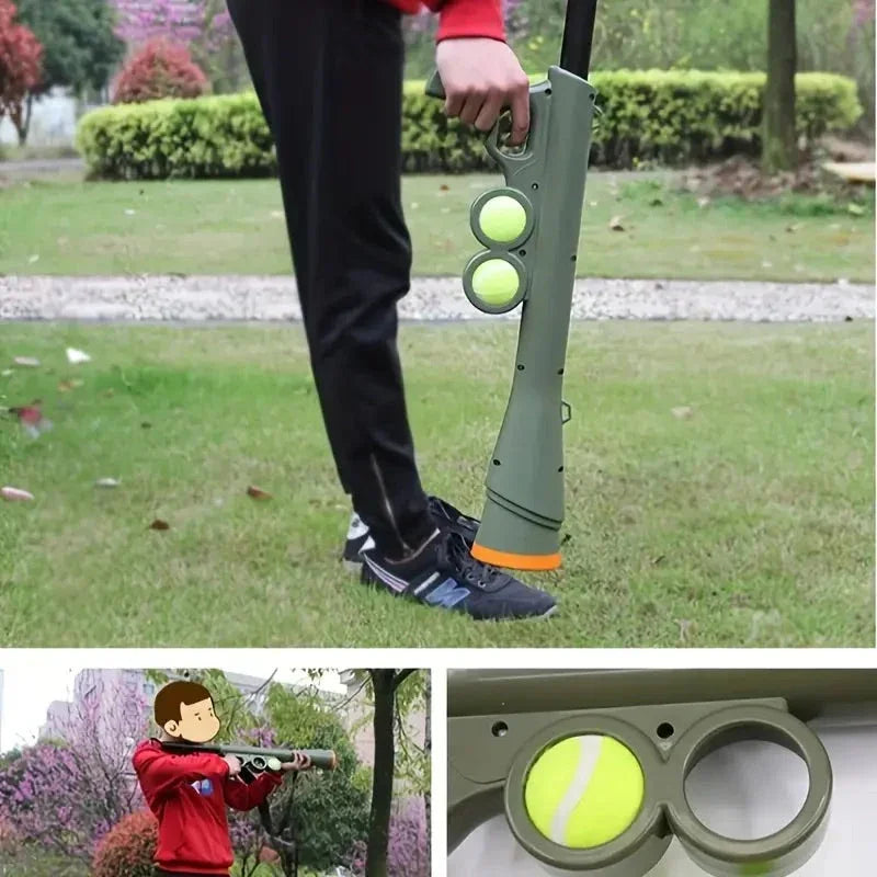 Person holding green ball launcher gun outdoors with tennis balls, dog toy launcher shown in use.