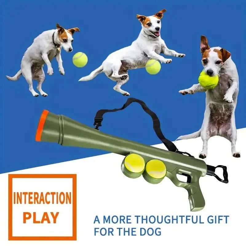 Dog ball launcher gun with tennis balls and playful Jack Russell terriers, pet toy gift idea.