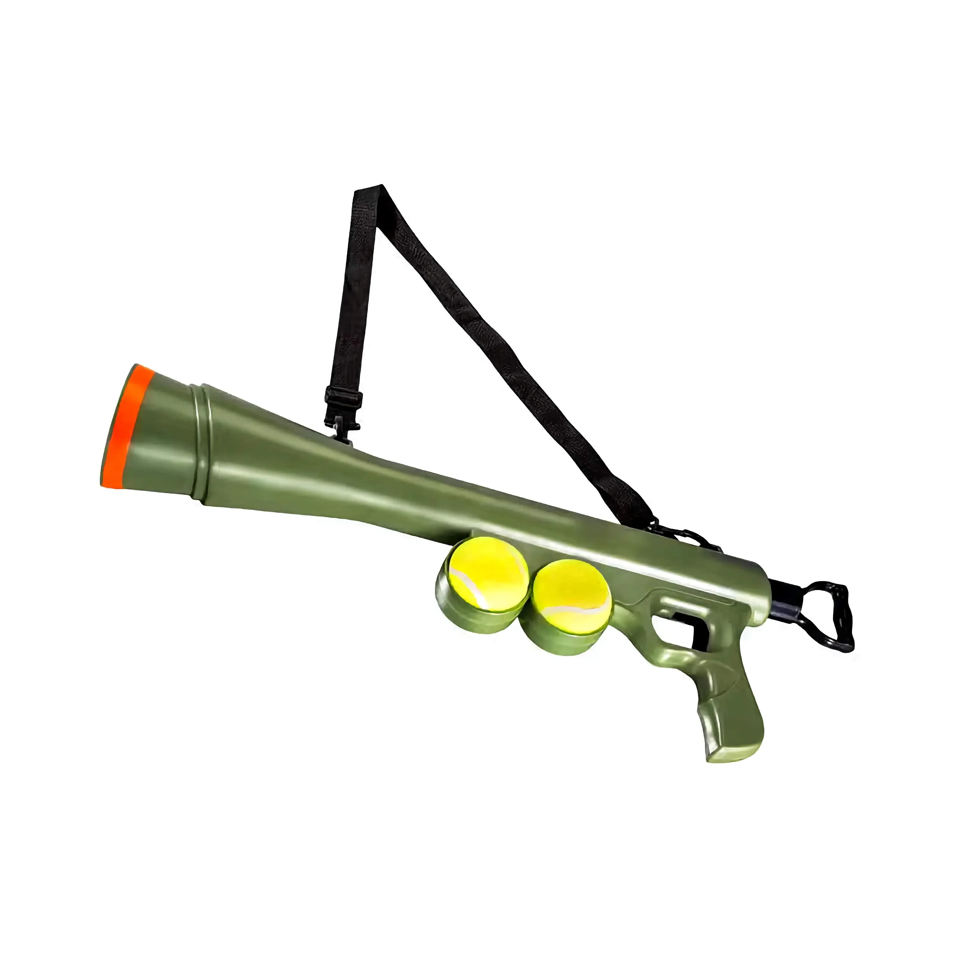 Green dog tennis ball launcher with shoulder strap and two yellow tennis balls