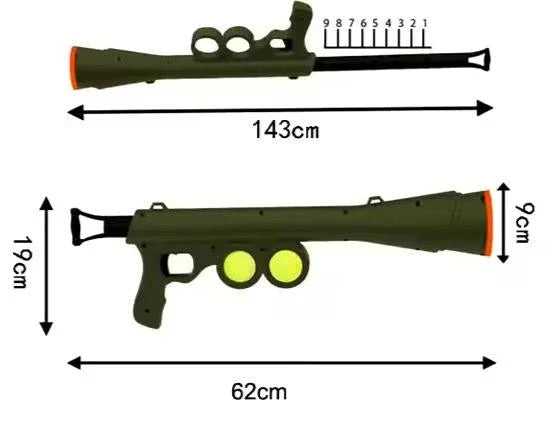 Green ball launcher gun toy with round holders, showing 143cm and 62cm size dimensions.