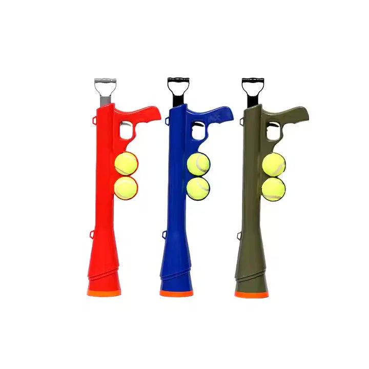 Dog tennis ball launcher guns in red, blue, and green with yellow balls, white background