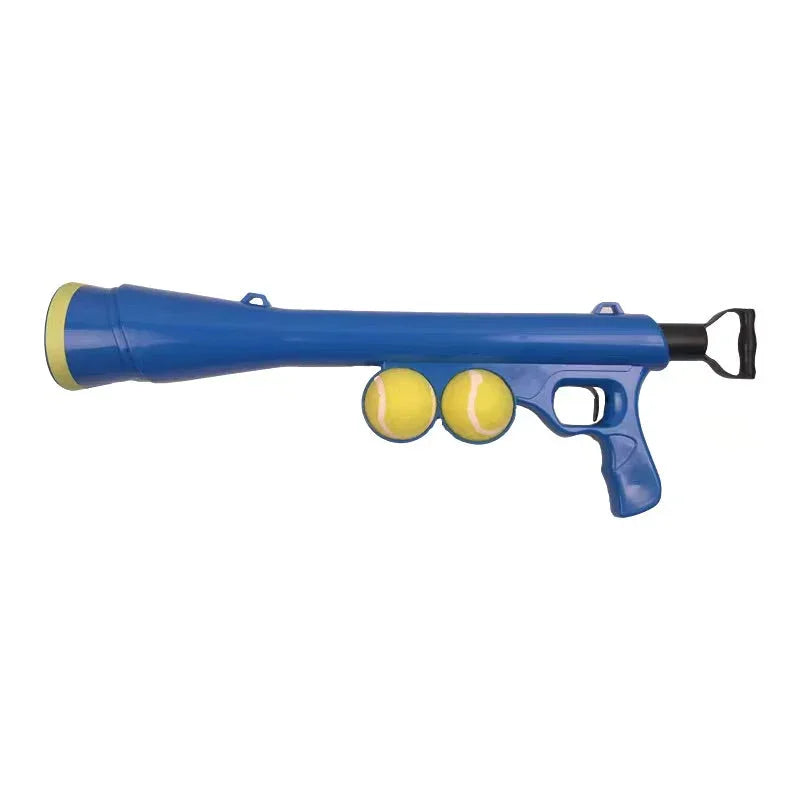 Blue tennis ball launcher gun with two yellow tennis balls on white background