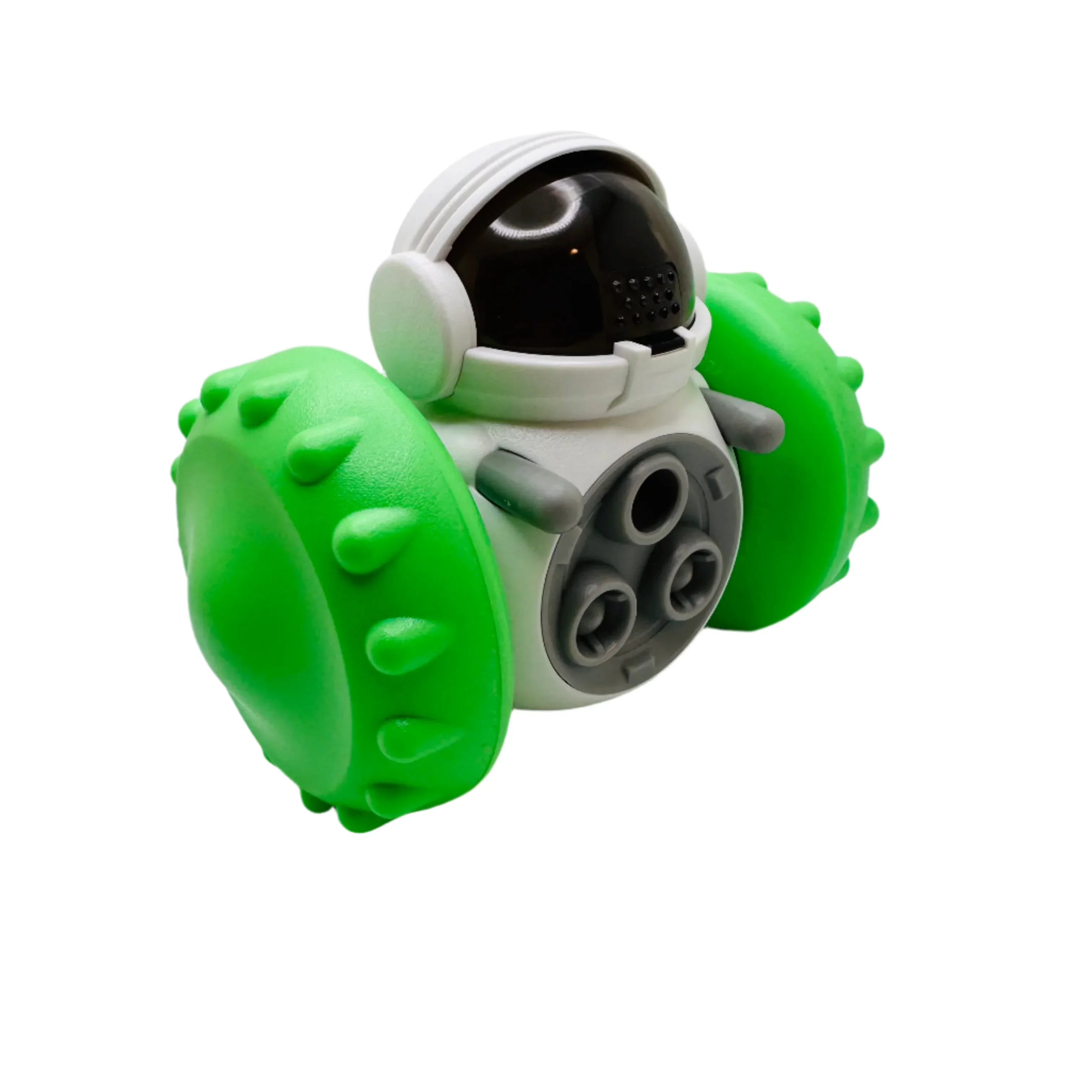Green and white astronaut dog toy with textured wheels on white background