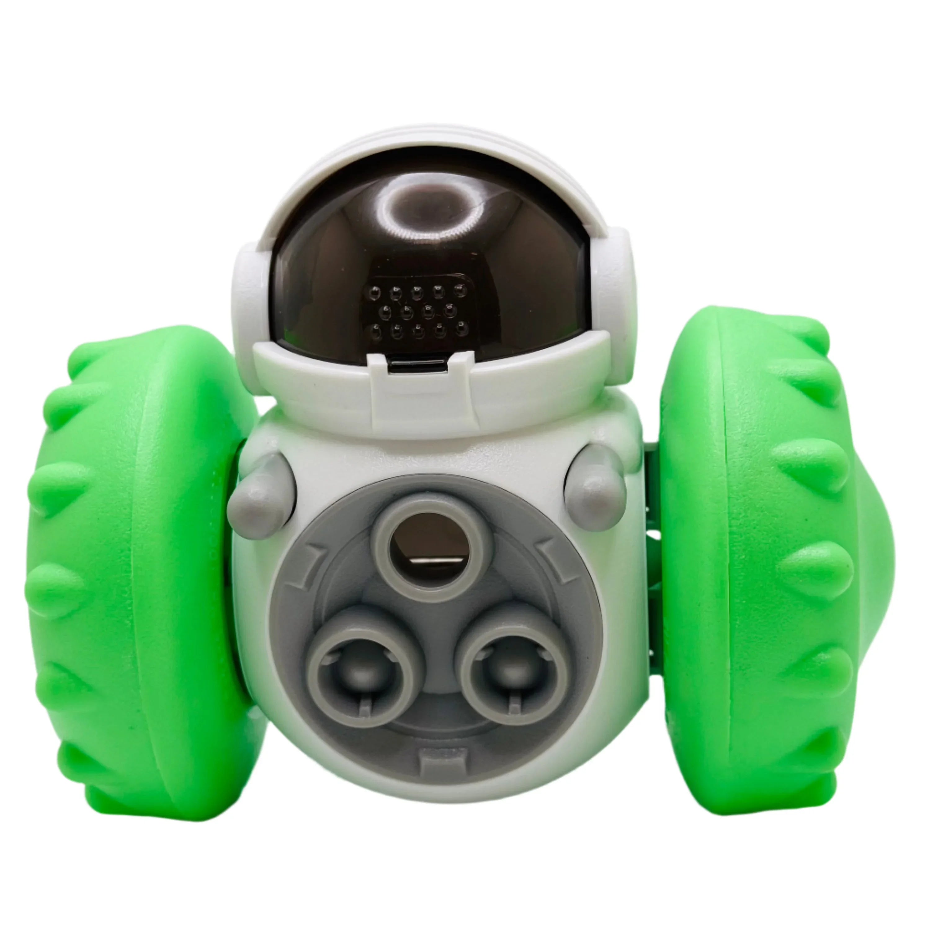 Interactive pet toy robot with green wheels and white body on white background