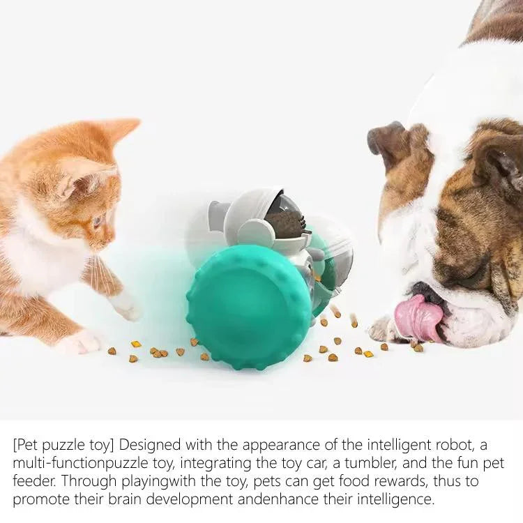 Cat and bulldog interacting with a robotic interactive pet feeder toy, kibble scattered nearby.