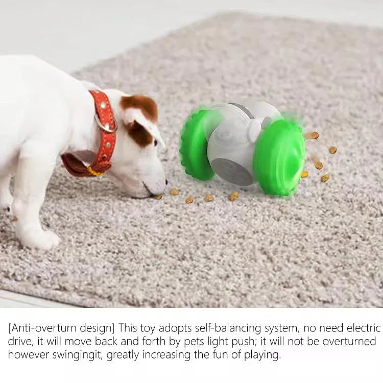 Small dog with red collar playing with interactive robotic dog feeder toy on carpet
