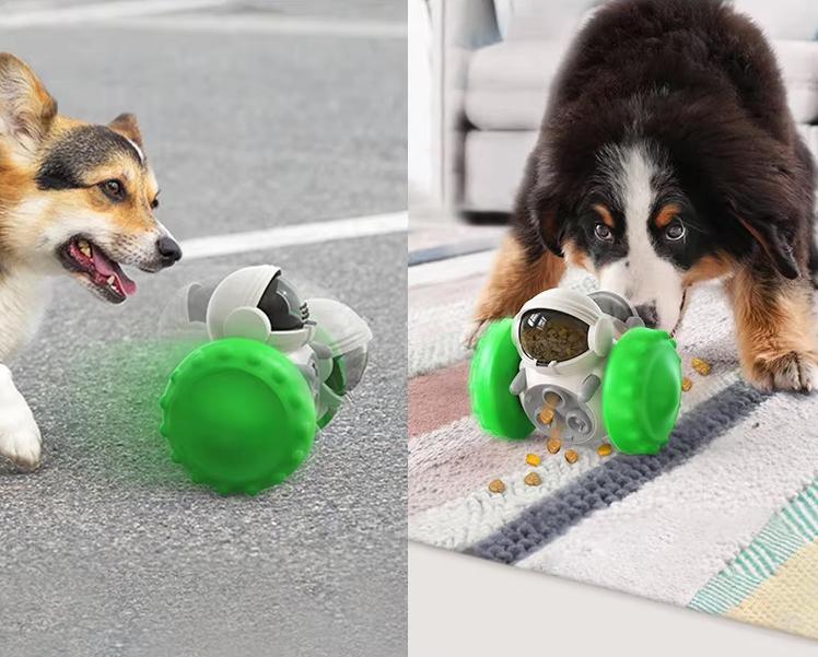 Dogs playing with green-wheeled robotic interactive feeder toy indoors and outdoors
