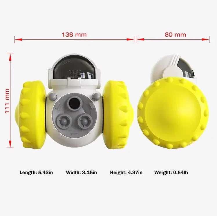 Dog robotic interactive feeder with yellow wheels, product dimensions and weight shown