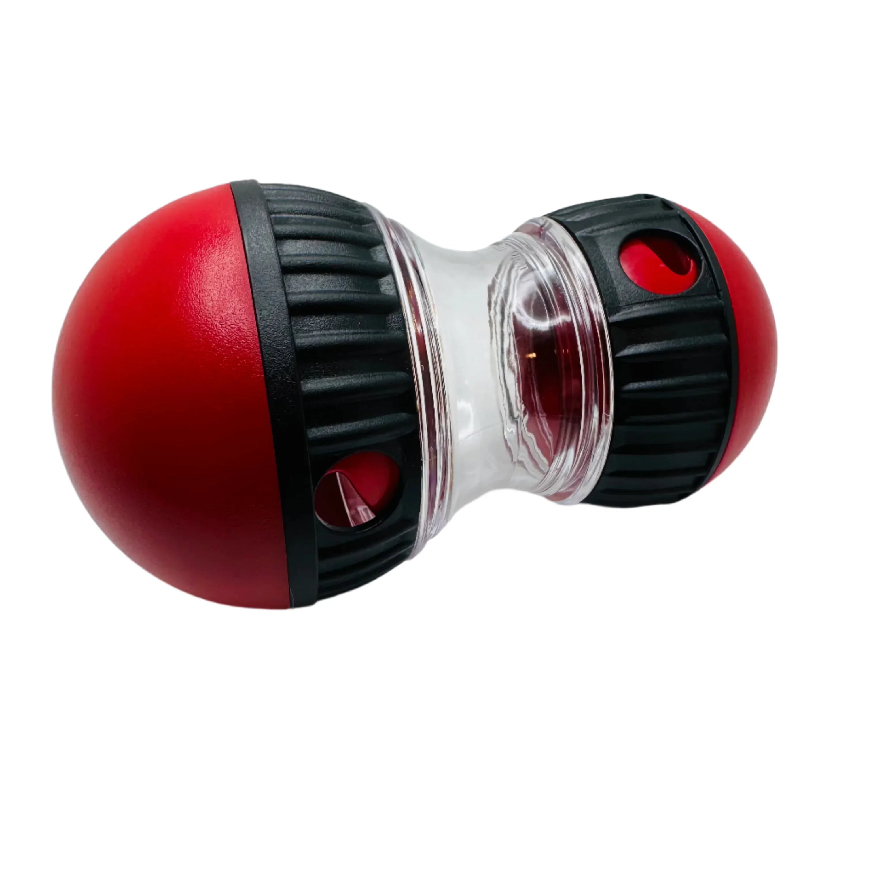 Red and black dog treat dispensing toy with clear center, interactive puzzle feeder