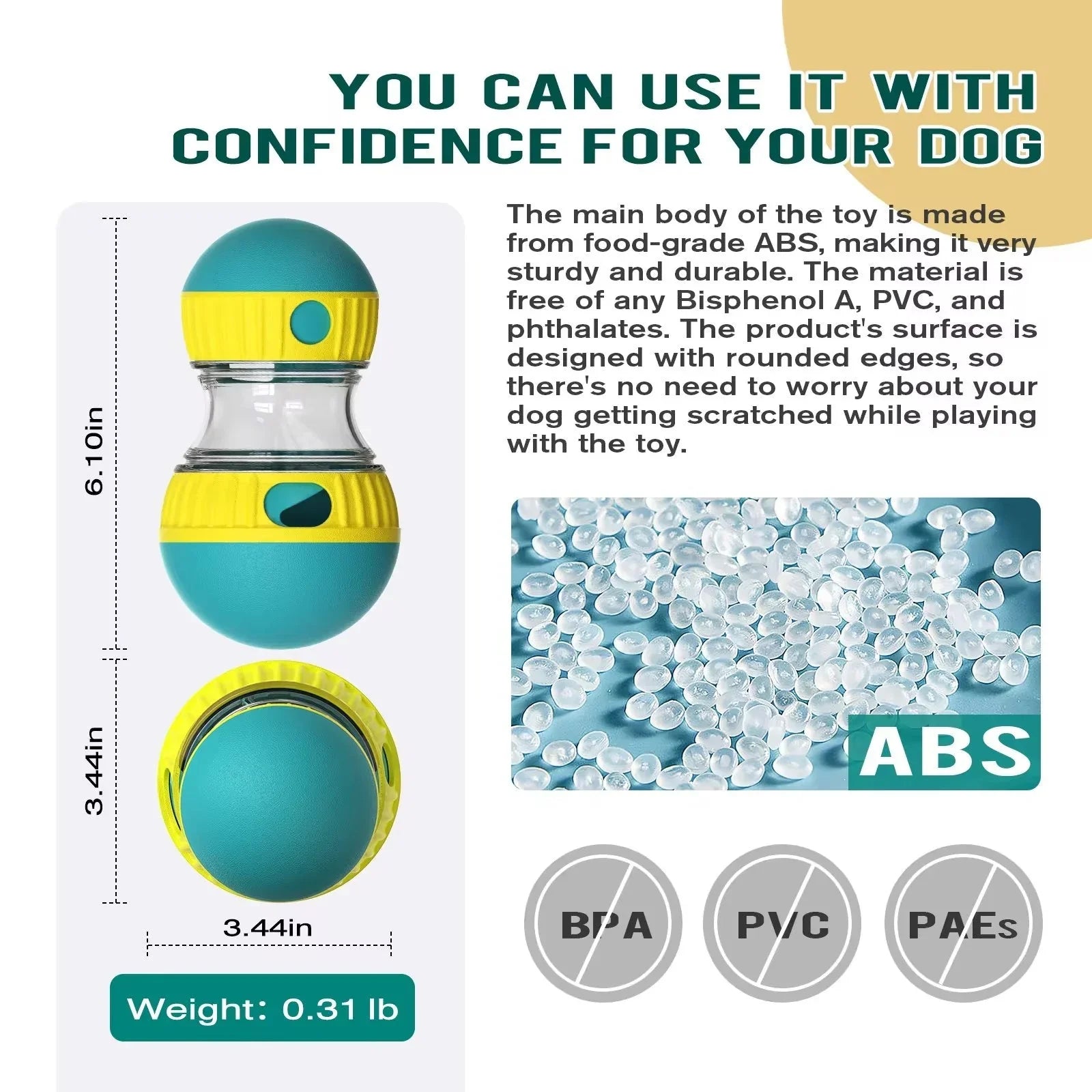 Dog toy made from food-grade ABS, 6.1 inches tall, BPA-free, PVC-free, phthalate-free