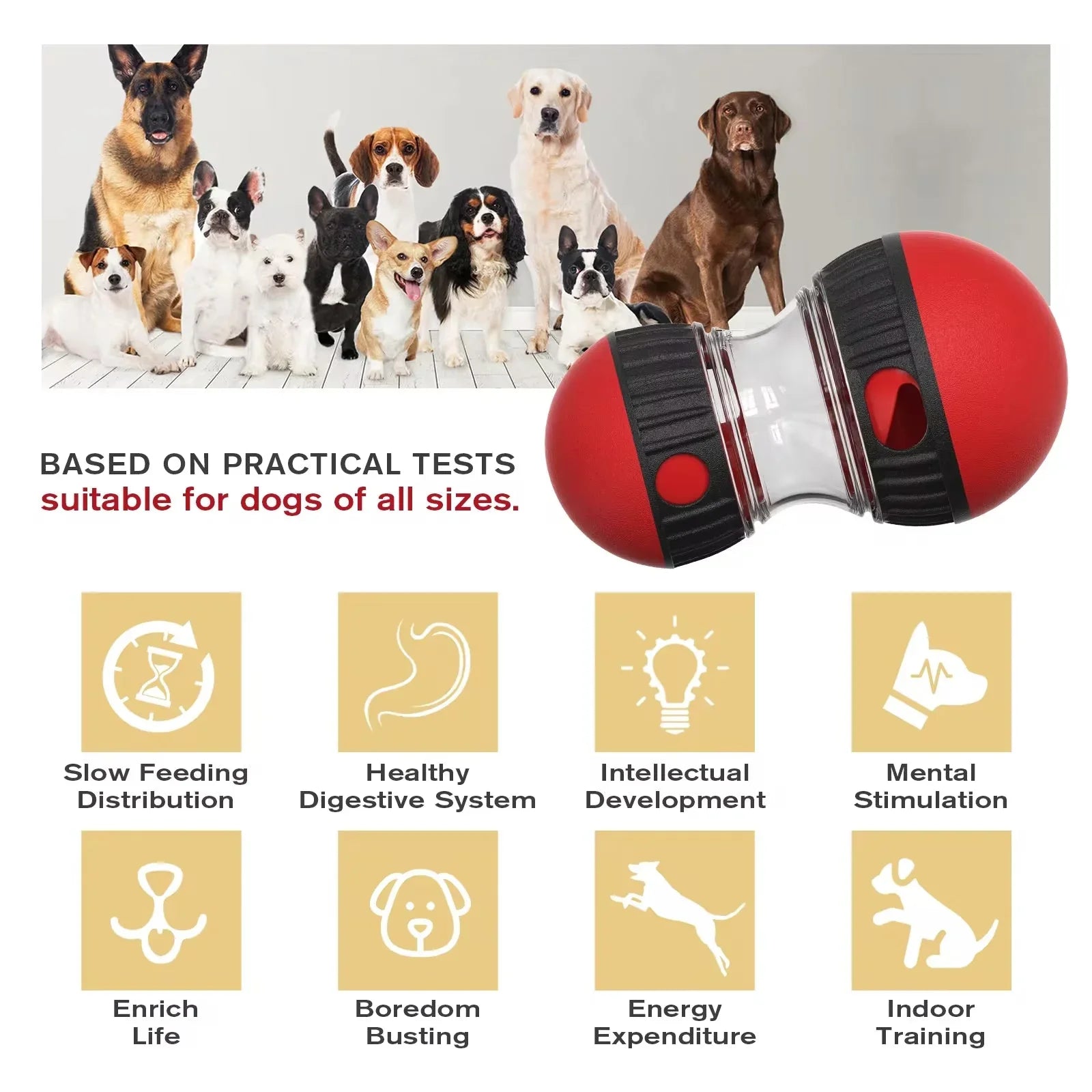 Dog puzzle feeder toy with red and black design, benefits for dogs of all sizes, group of dogs pictured