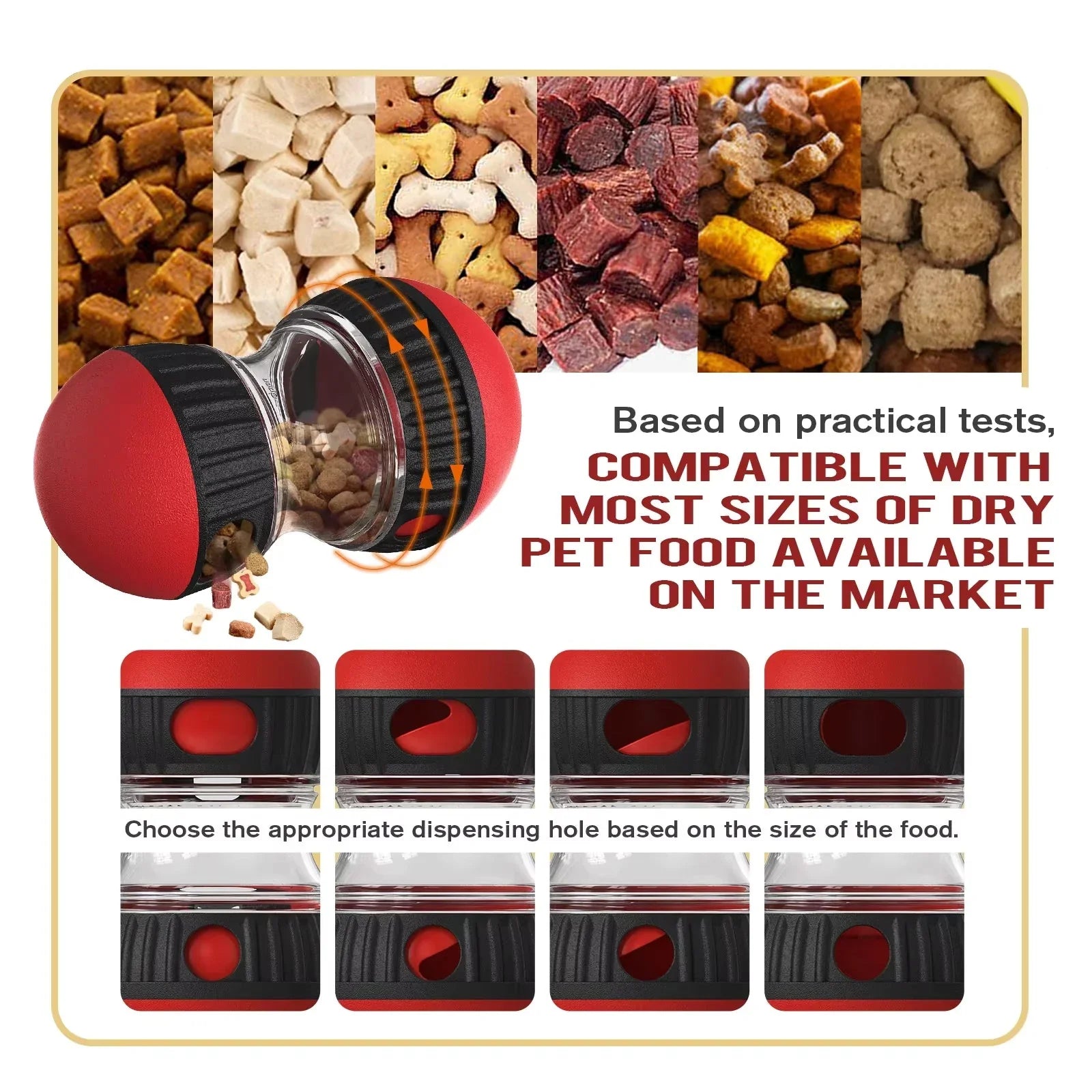 Adjustable red pet treat dispenser ball compatible with various dry pet food sizes, multiple hole options