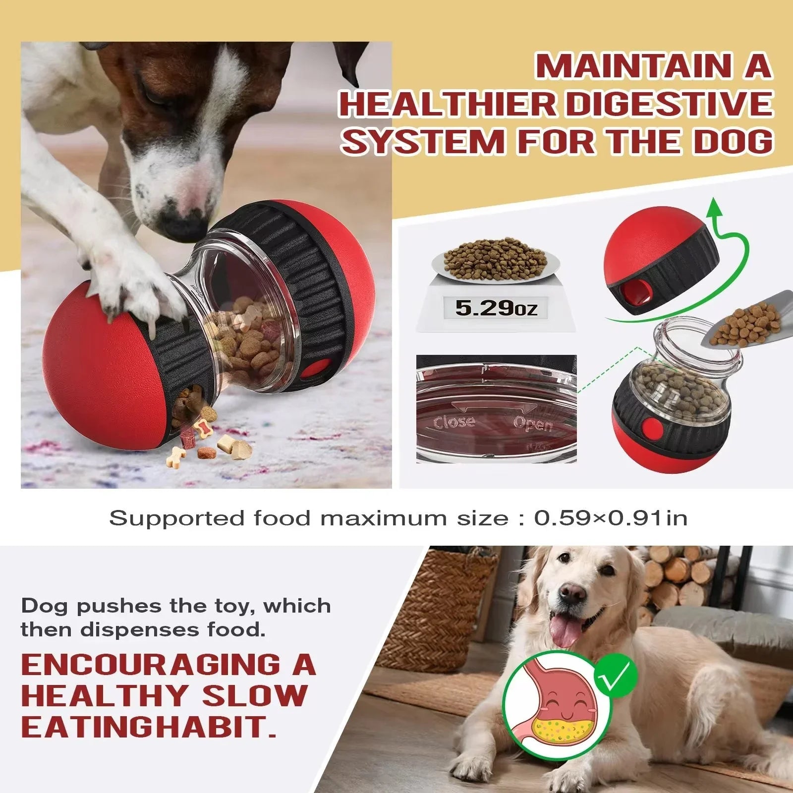 Dog slow feeder toy with red and black treat dispenser, promoting healthier dog digestion.