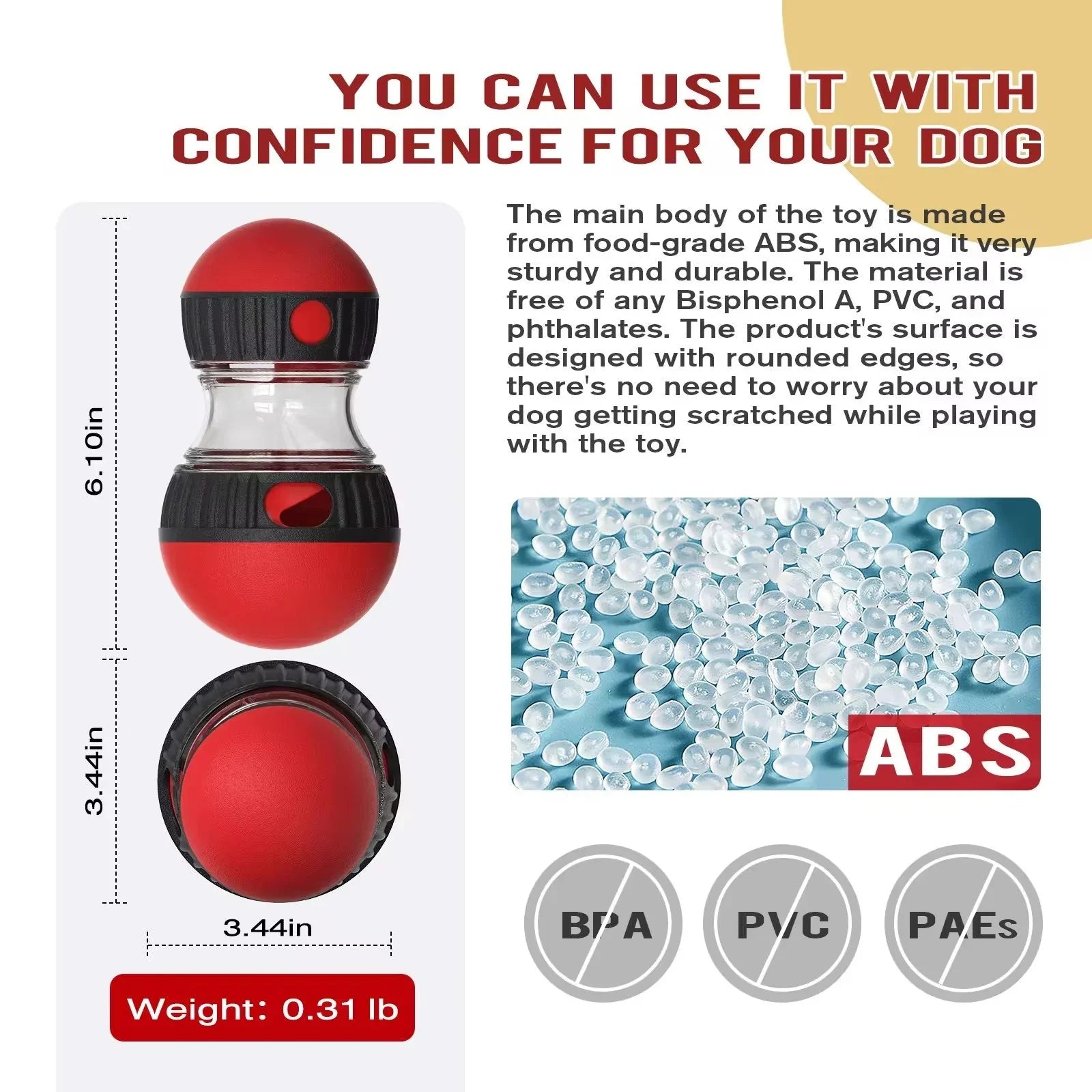 Red and black food-grade ABS dog toy, BPA-free, PVC-free, phthalate-free, product dimensions and weight shown.