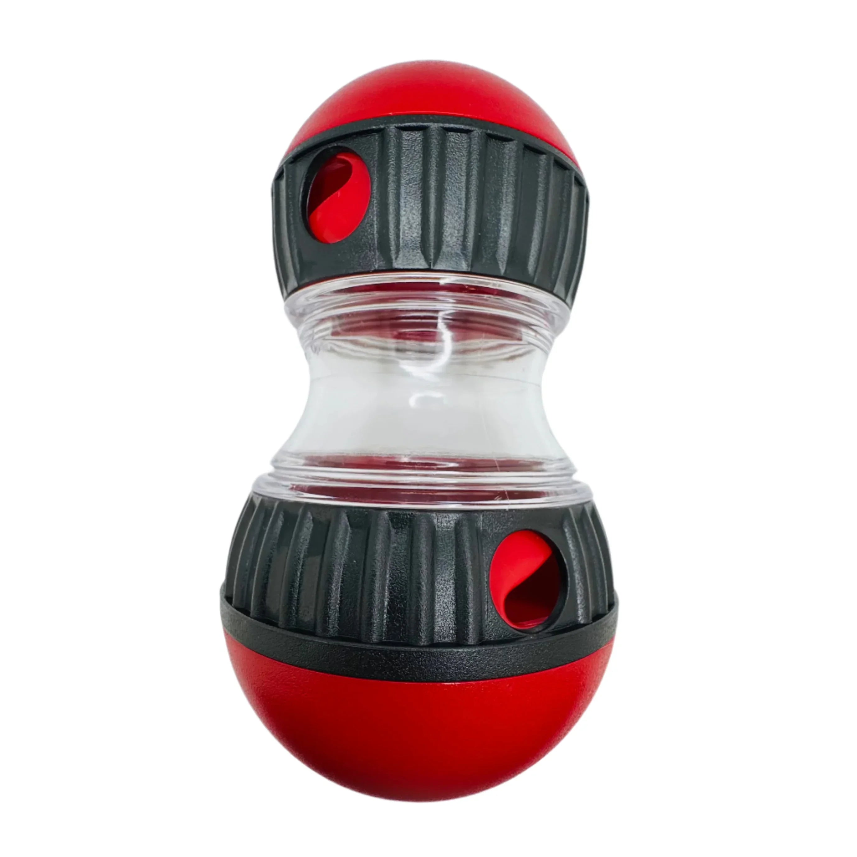 Red and black interactive dog treat dispenser toy with clear middle section