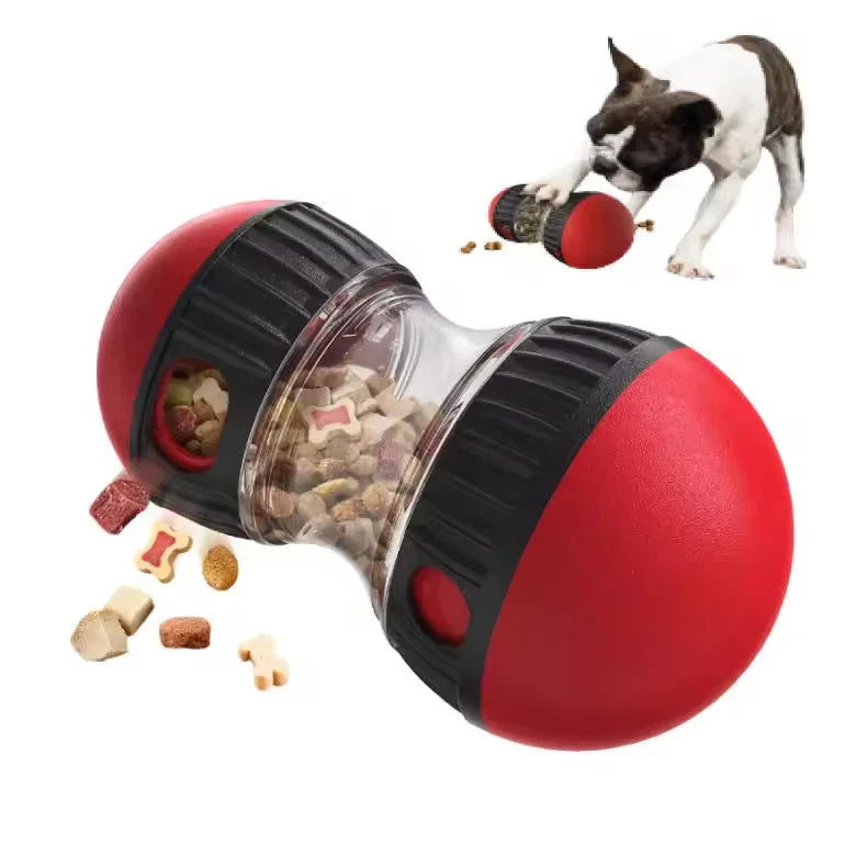 Dog treat dispensing toy with red ends, black grip, and a dog playing with it on a white background.