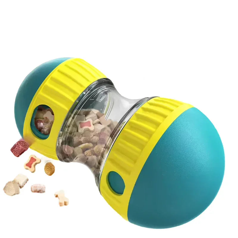 Blue and yellow interactive dog treat dispenser toy with assorted dog treats inside