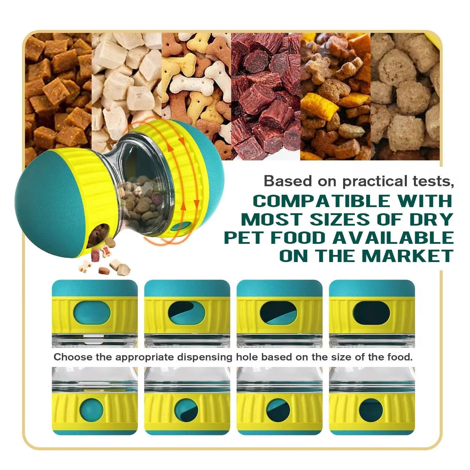 Adjustable pet treat dispensing toy with dry pet food varieties and different hole sizes
