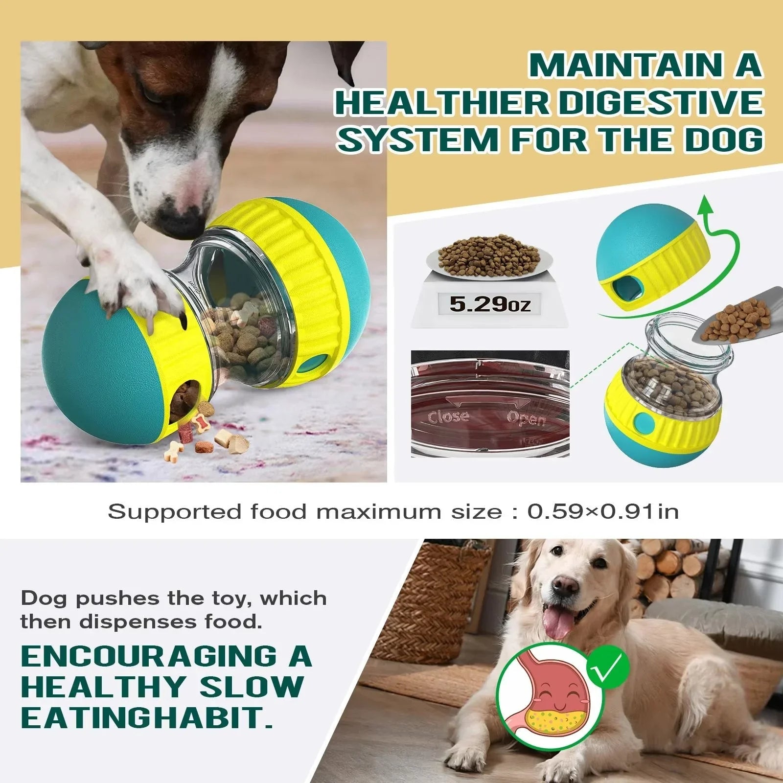 Dog using interactive slow feeder ball toy for healthy eating and digestion
