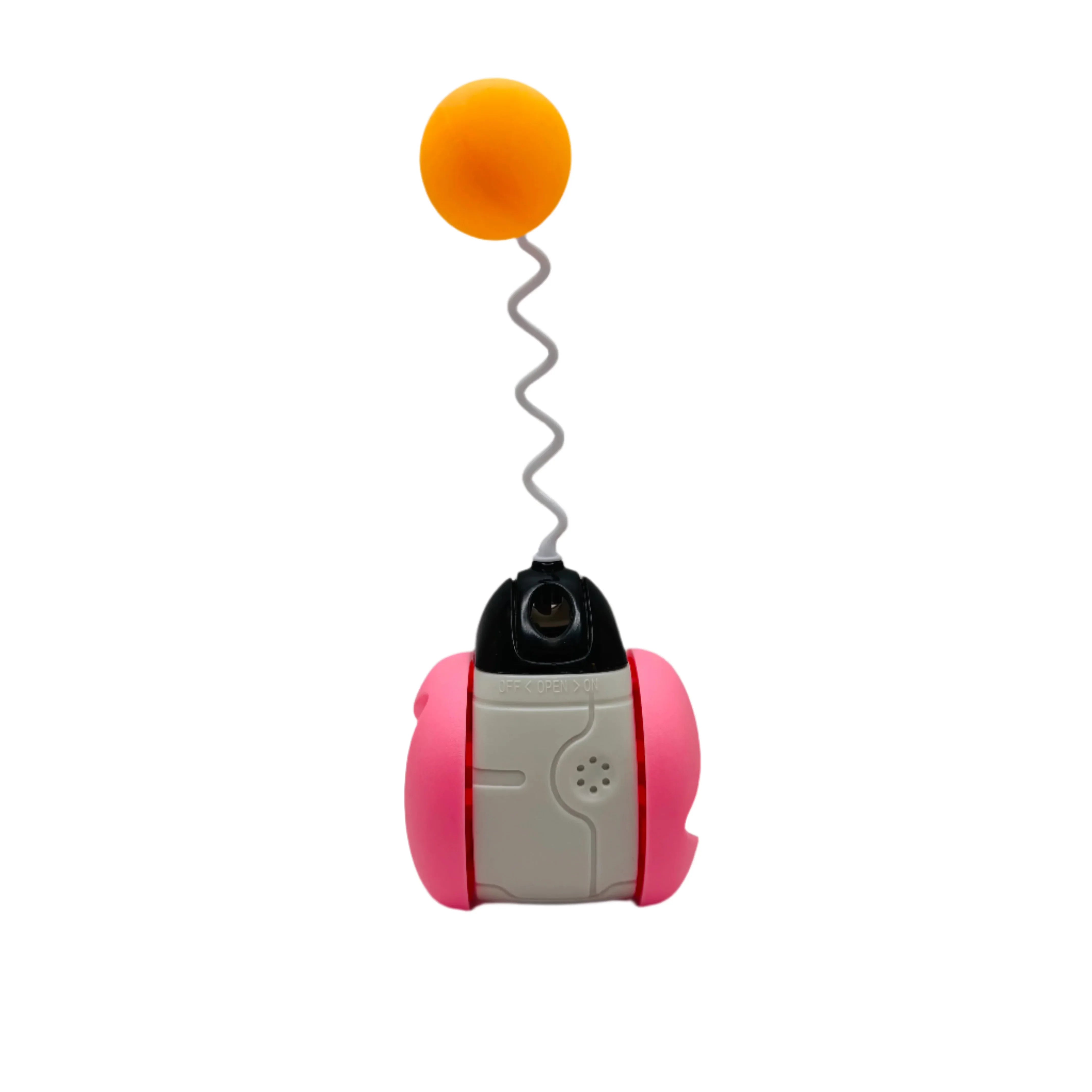 Pink and white interactive pet toy robot with orange ball on white background