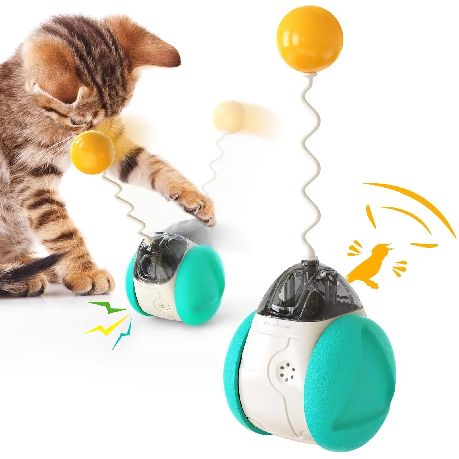 Tabby kitten playing with interactive rolling cat toy with green wheels and yellow ball