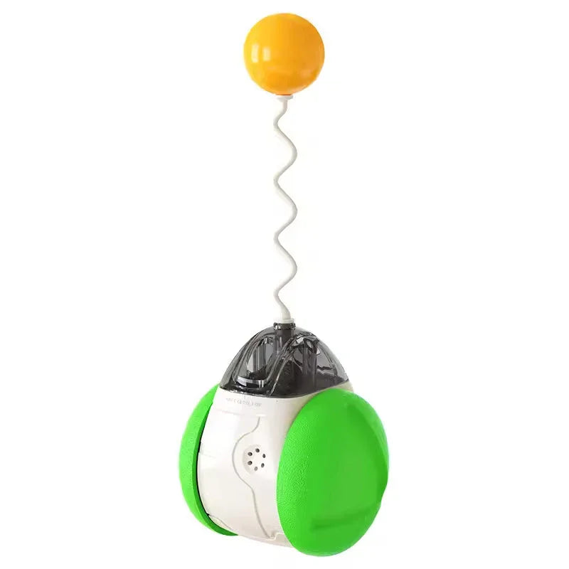 Interactive pet toy with green wheels, a white body, and yellow ball on a spring