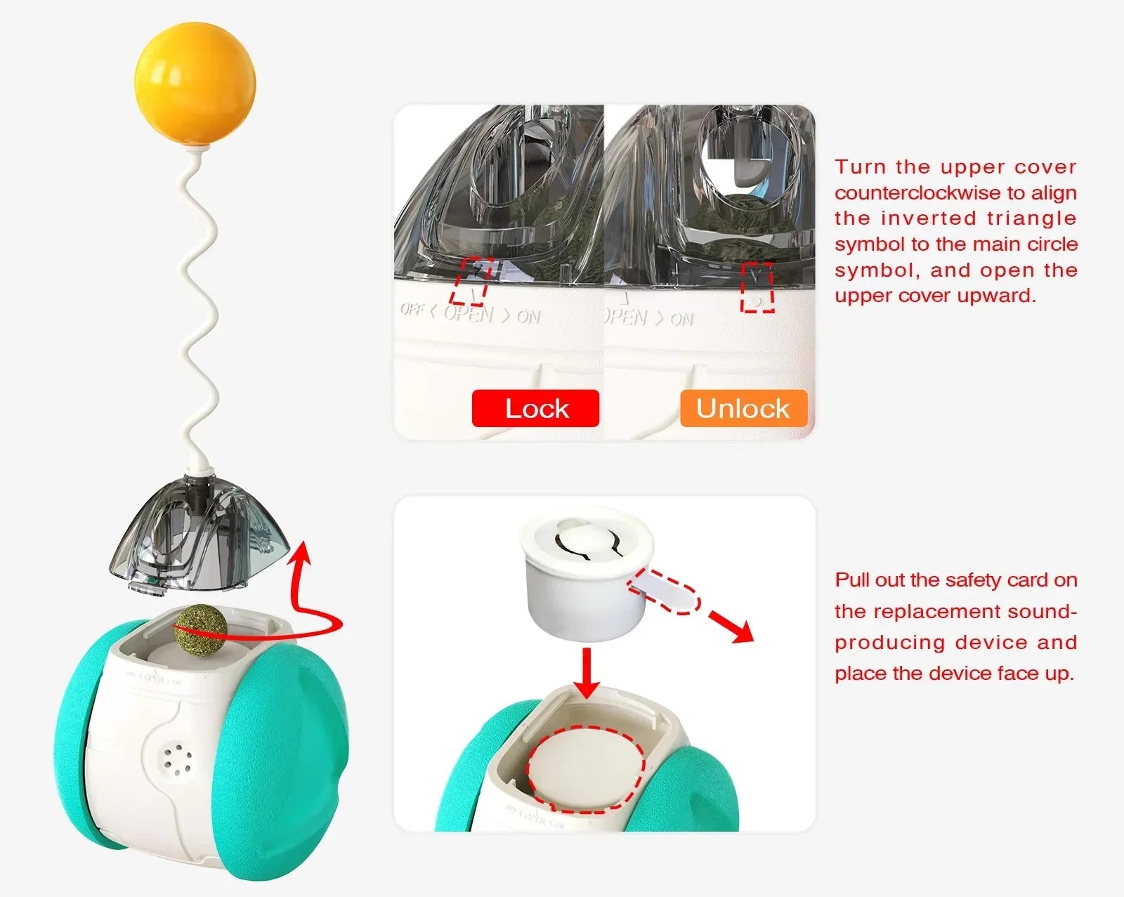Assembly instructions for a robot pet toy with a yellow ball antenna, turquoise wheels, and sound device.