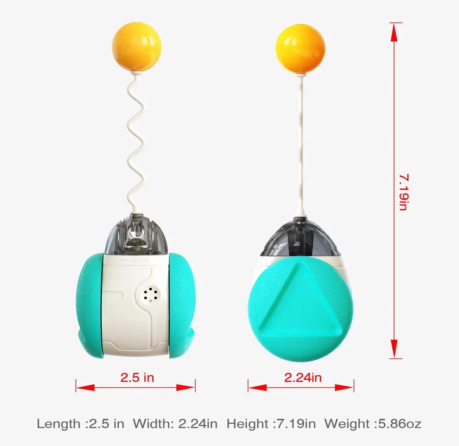 Interactive cat toy with blue sides, yellow ball, and size dimensions on white background