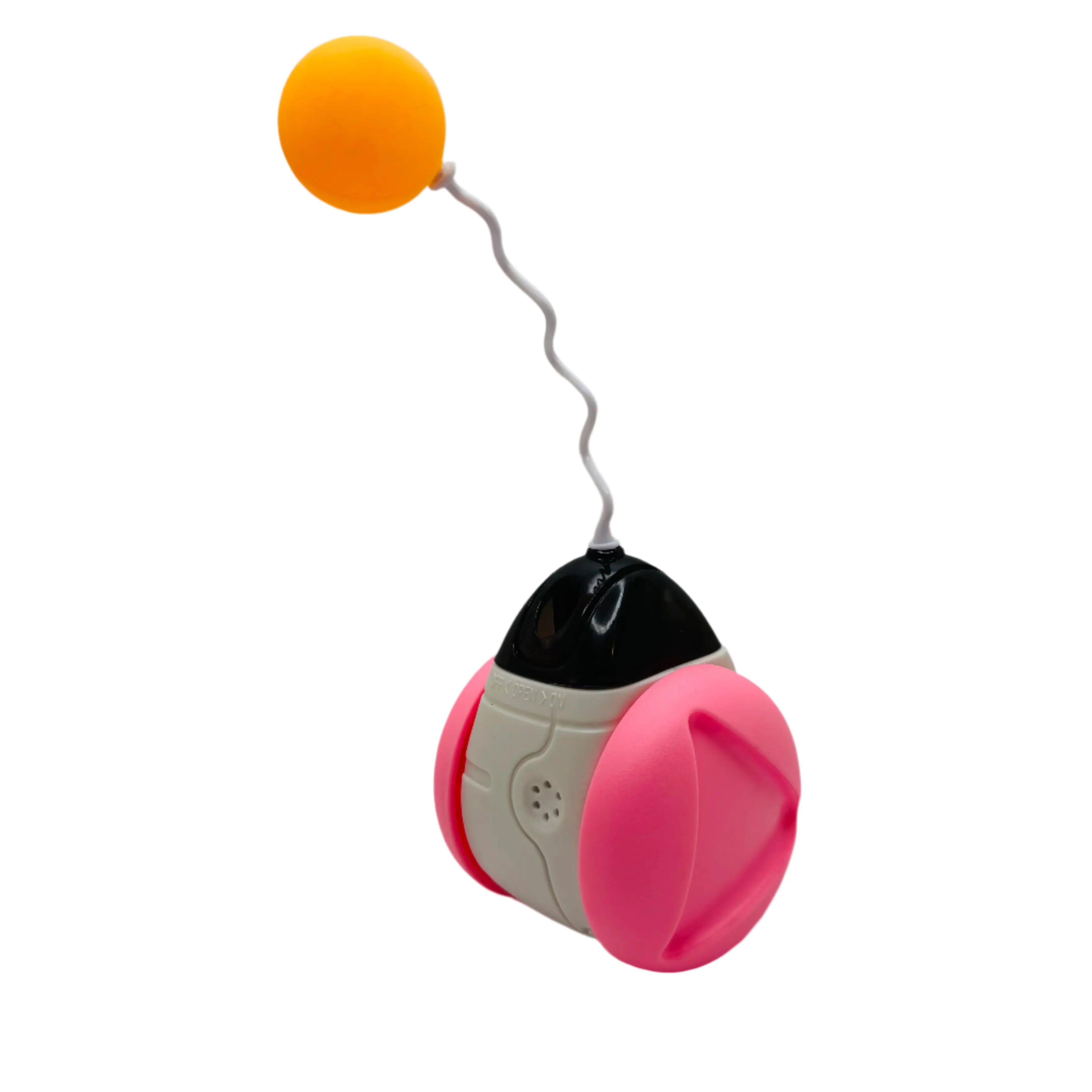 Interactive pink and white robot pet toy with yellow ball and black top on white background