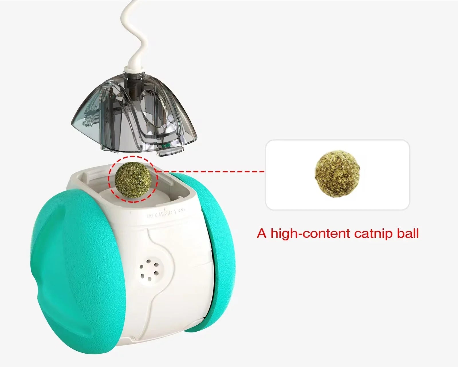 Interactive cat toy with blue wheels and a high-content catnip ball insert