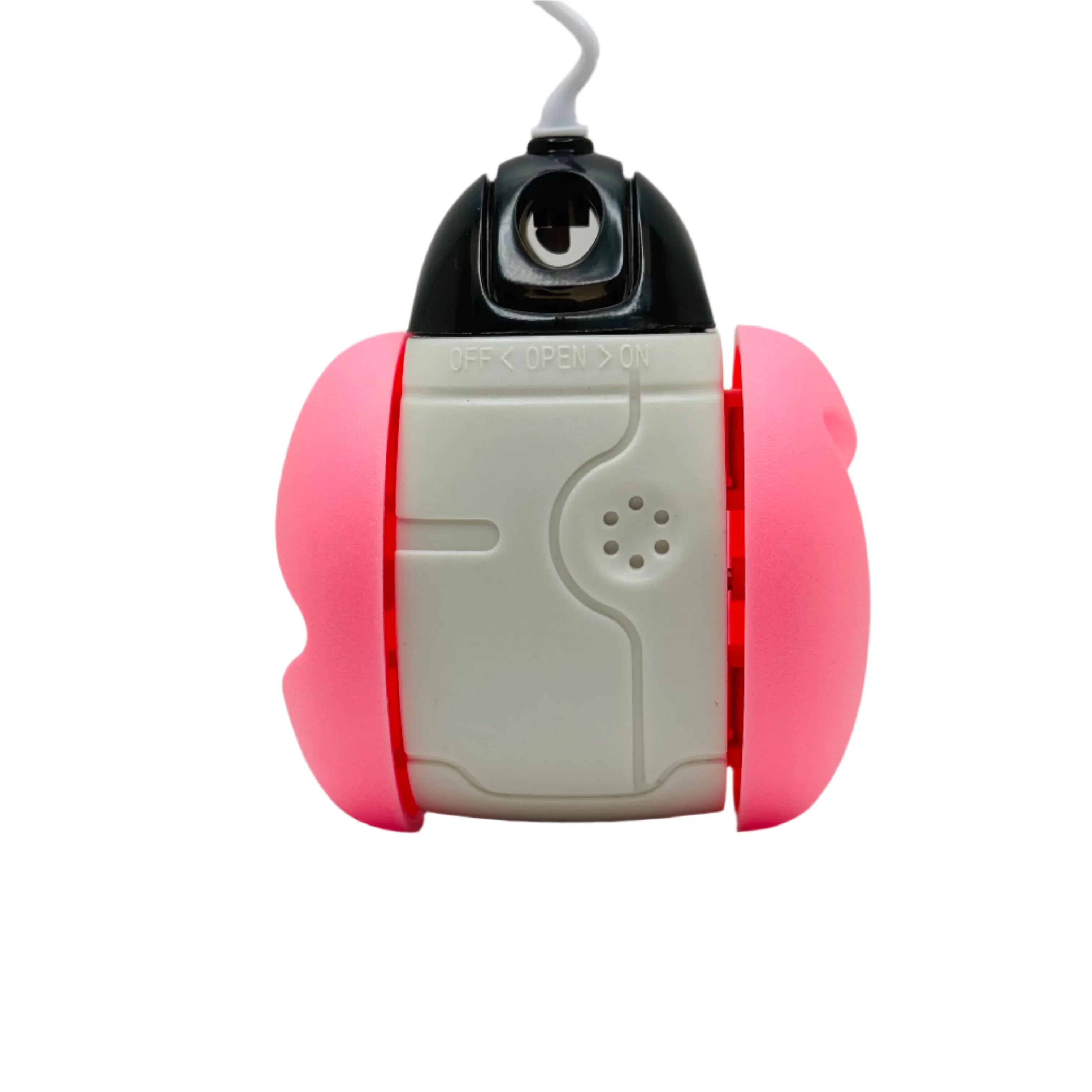 Pink and white electronic pet toy ball with power switch on white background