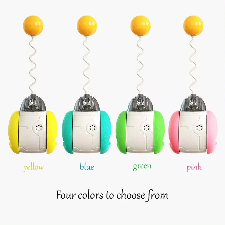 Interactive cat toy ball in yellow, blue, green, and pink with spring and yellow top ball.