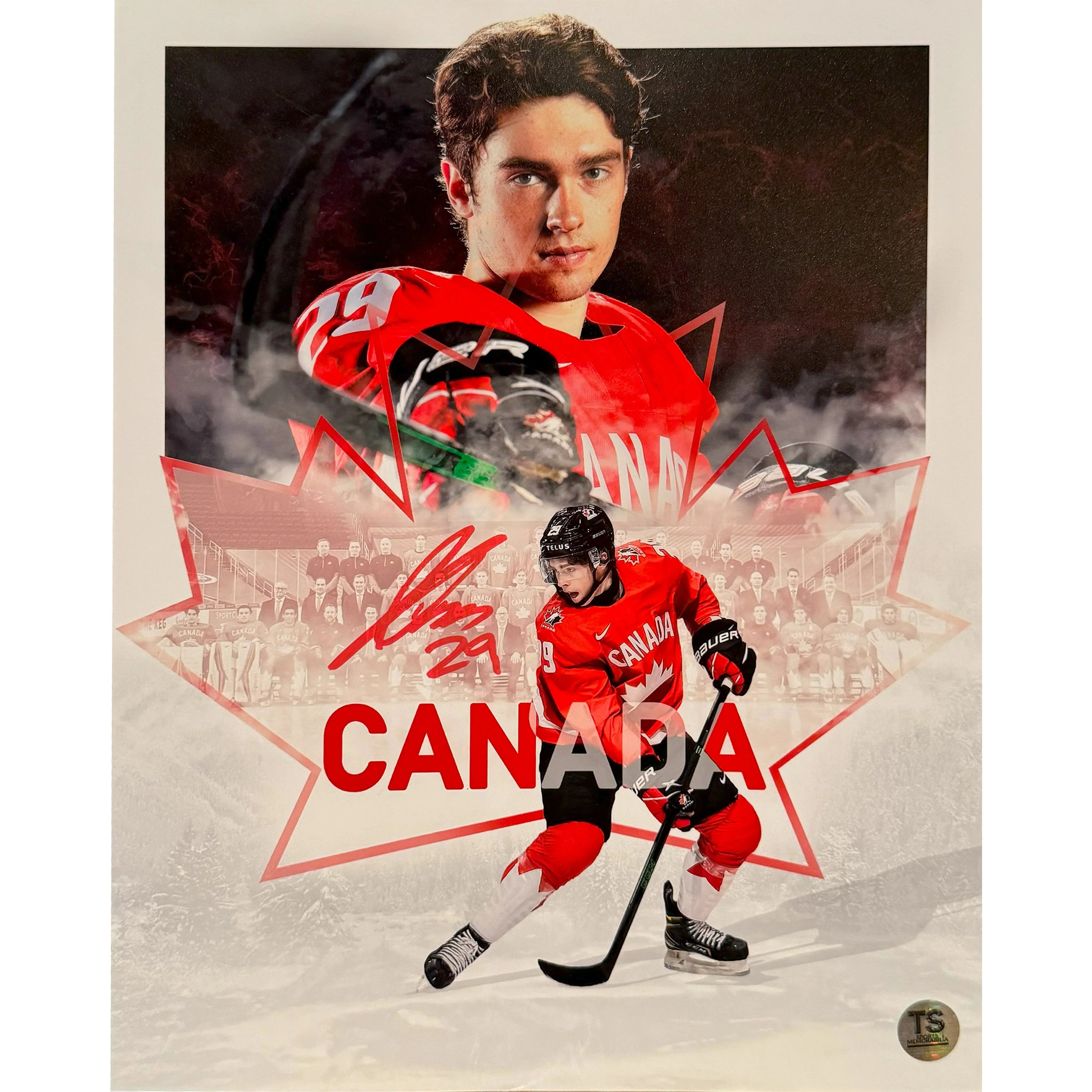 Team Canada hockey player in red jersey with hockey stick, Canada maple leaf backdrop