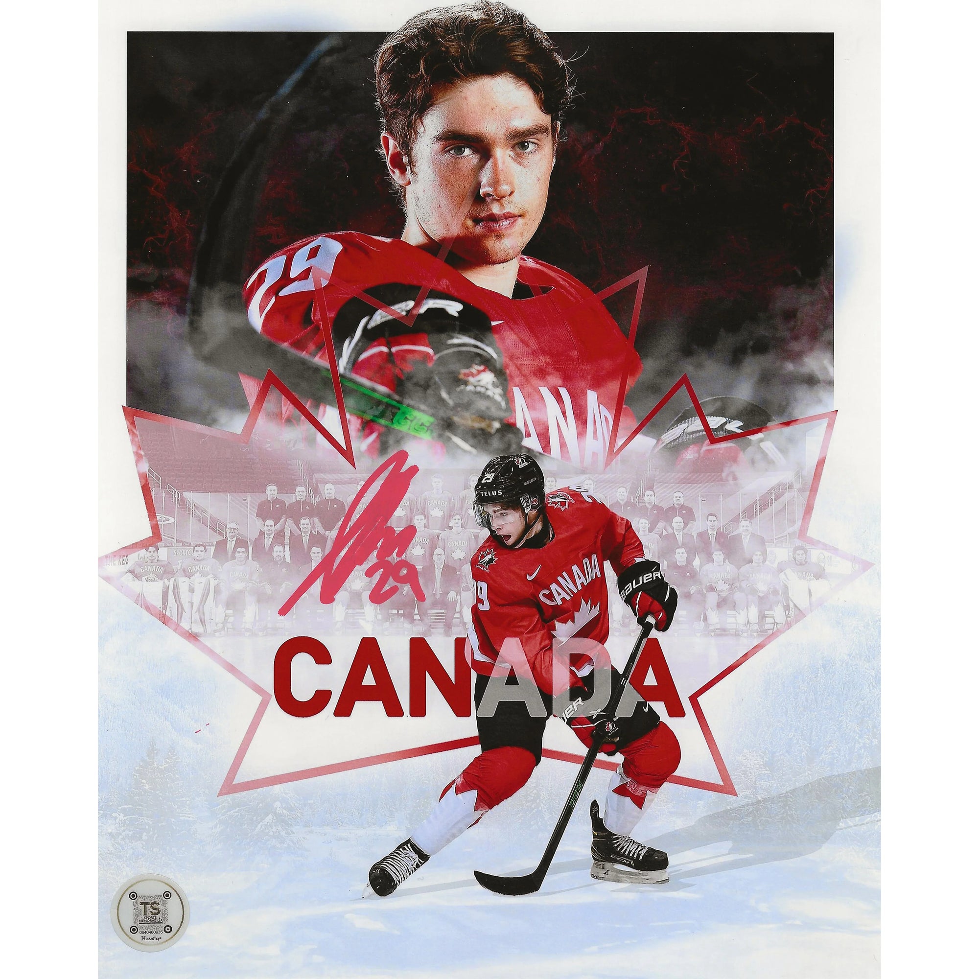 Team Canada hockey player in red jersey with number 29 and hockey stick, CANADA text