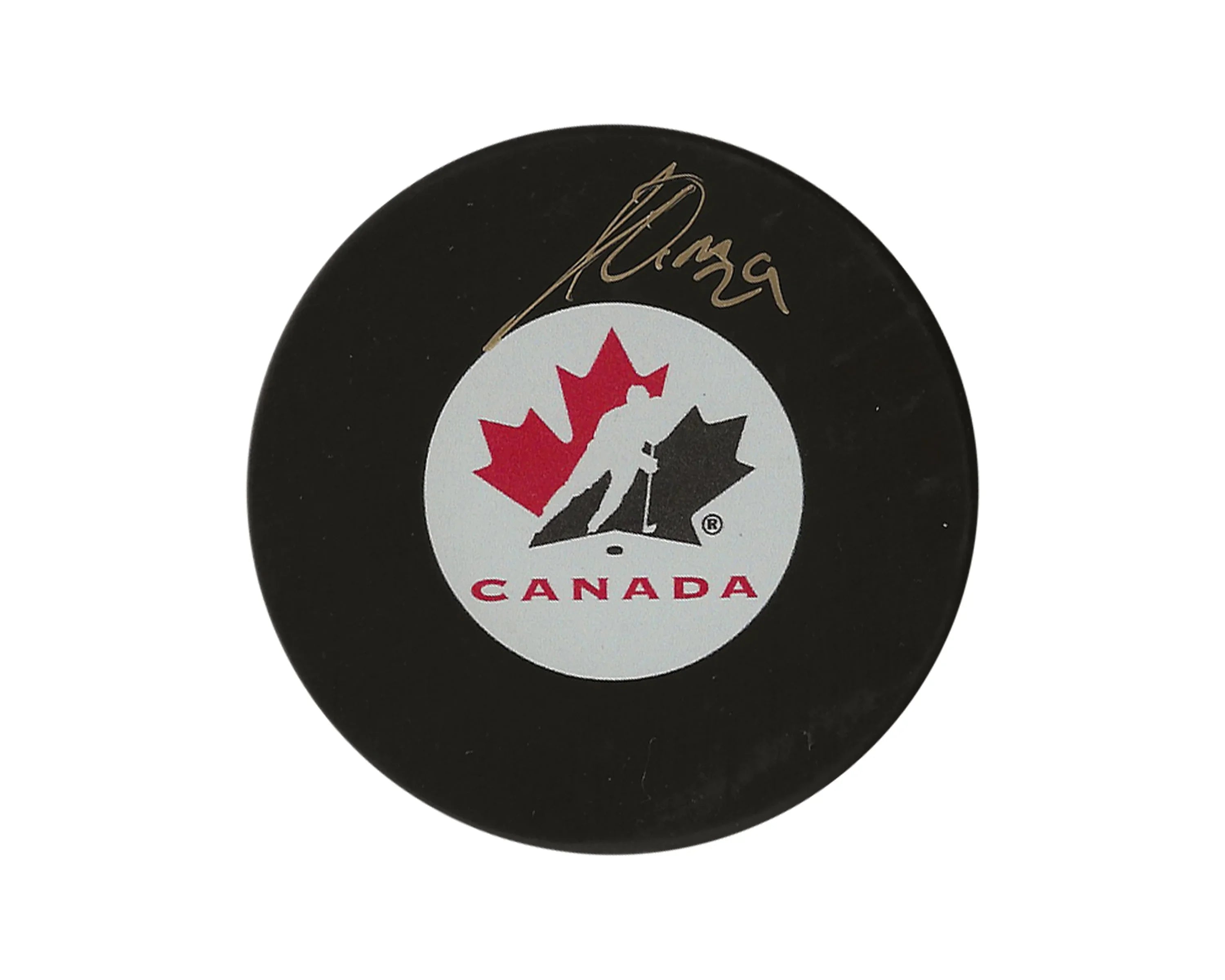 Team Canada hockey puck with logo and gold autograph on white background
