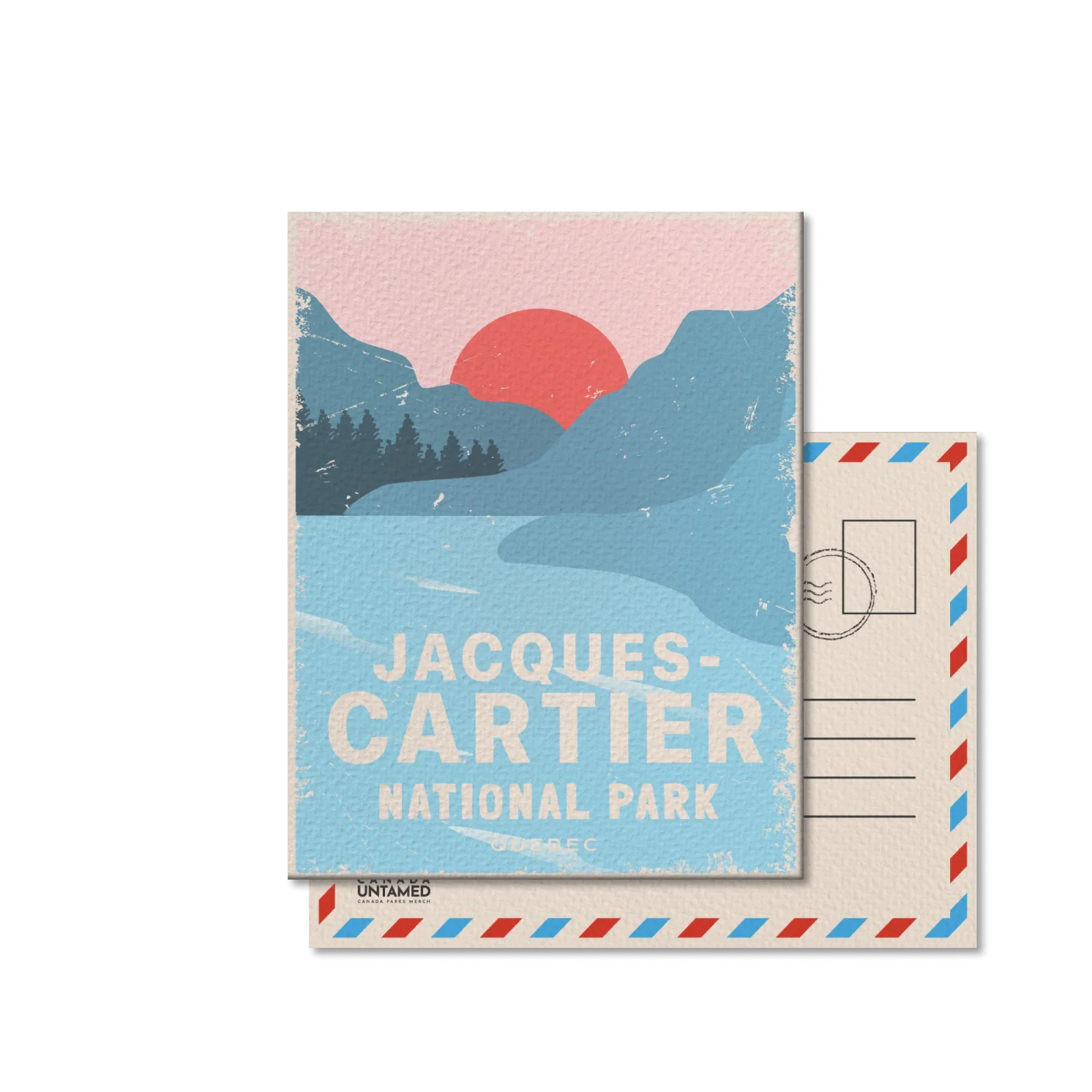 Jacques Cartier National Park Quebec postcard with blue mountains, river, and red sun illustration