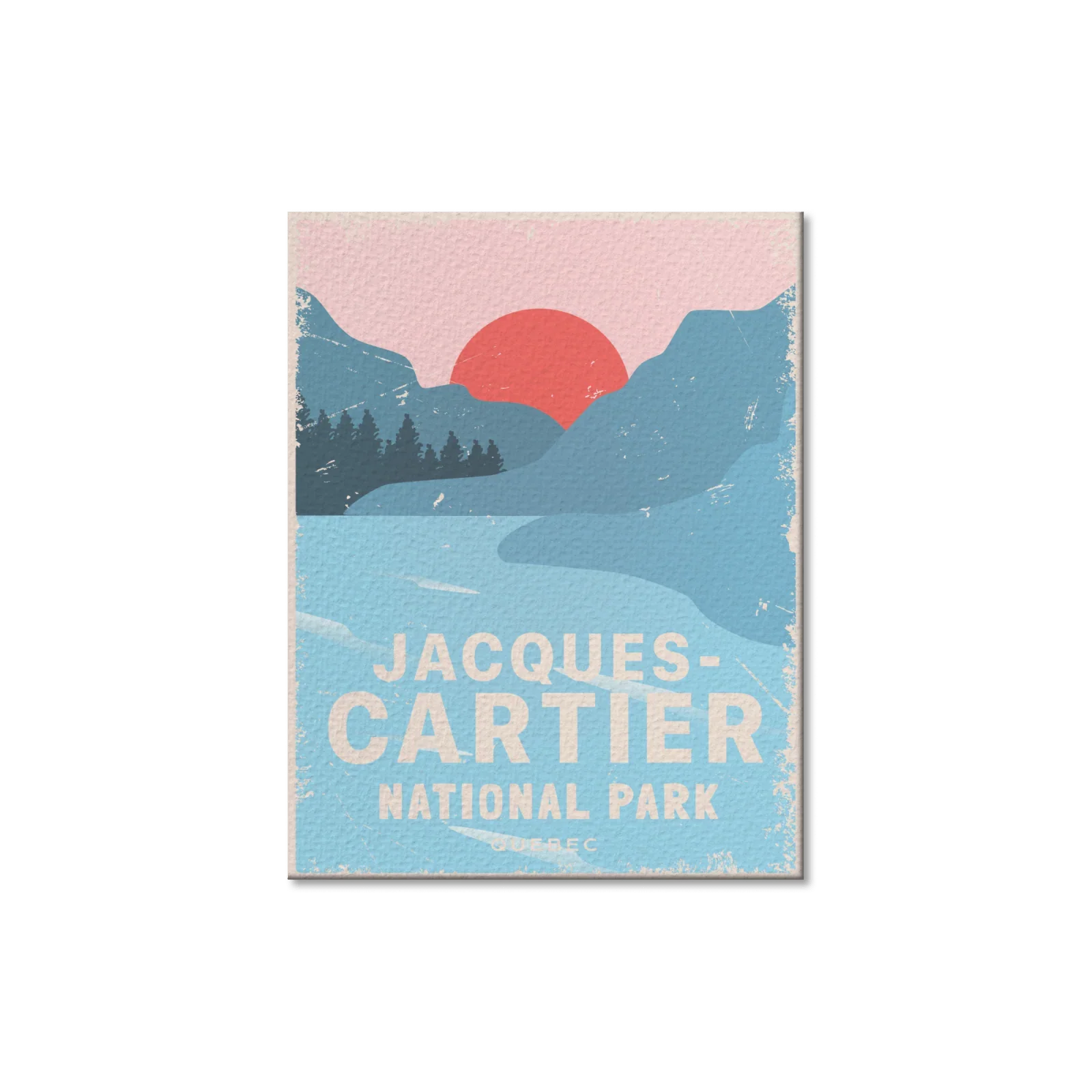 Jacques-Cartier National Park poster with blue mountains, trees, river, and red sunset
