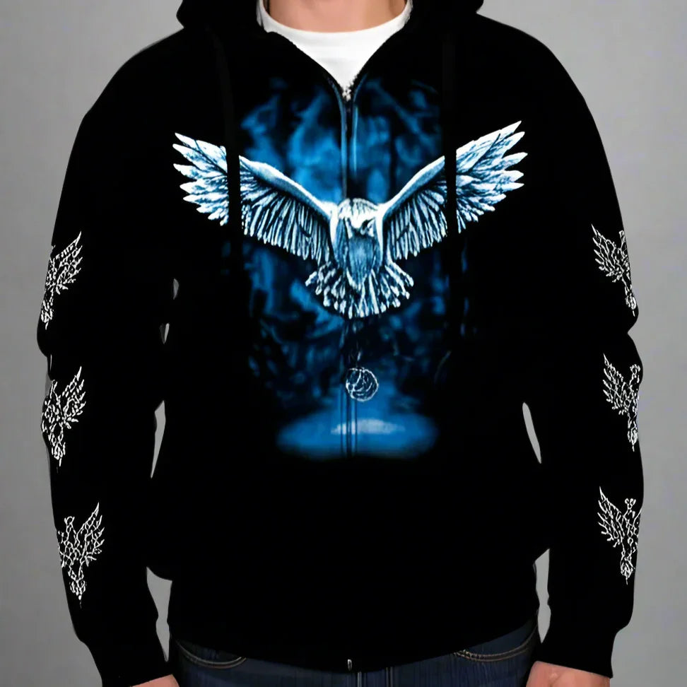 Black hoodie with glowing blue owl graphic and wing designs on the sleeves