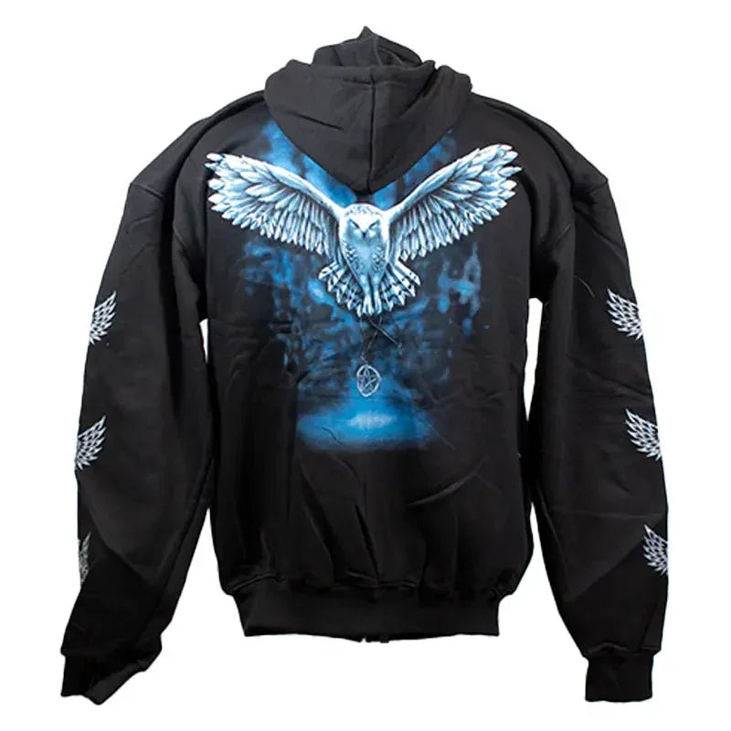 Men's black zip-up hoodie with blue owl and wing graphics on back and sleeves